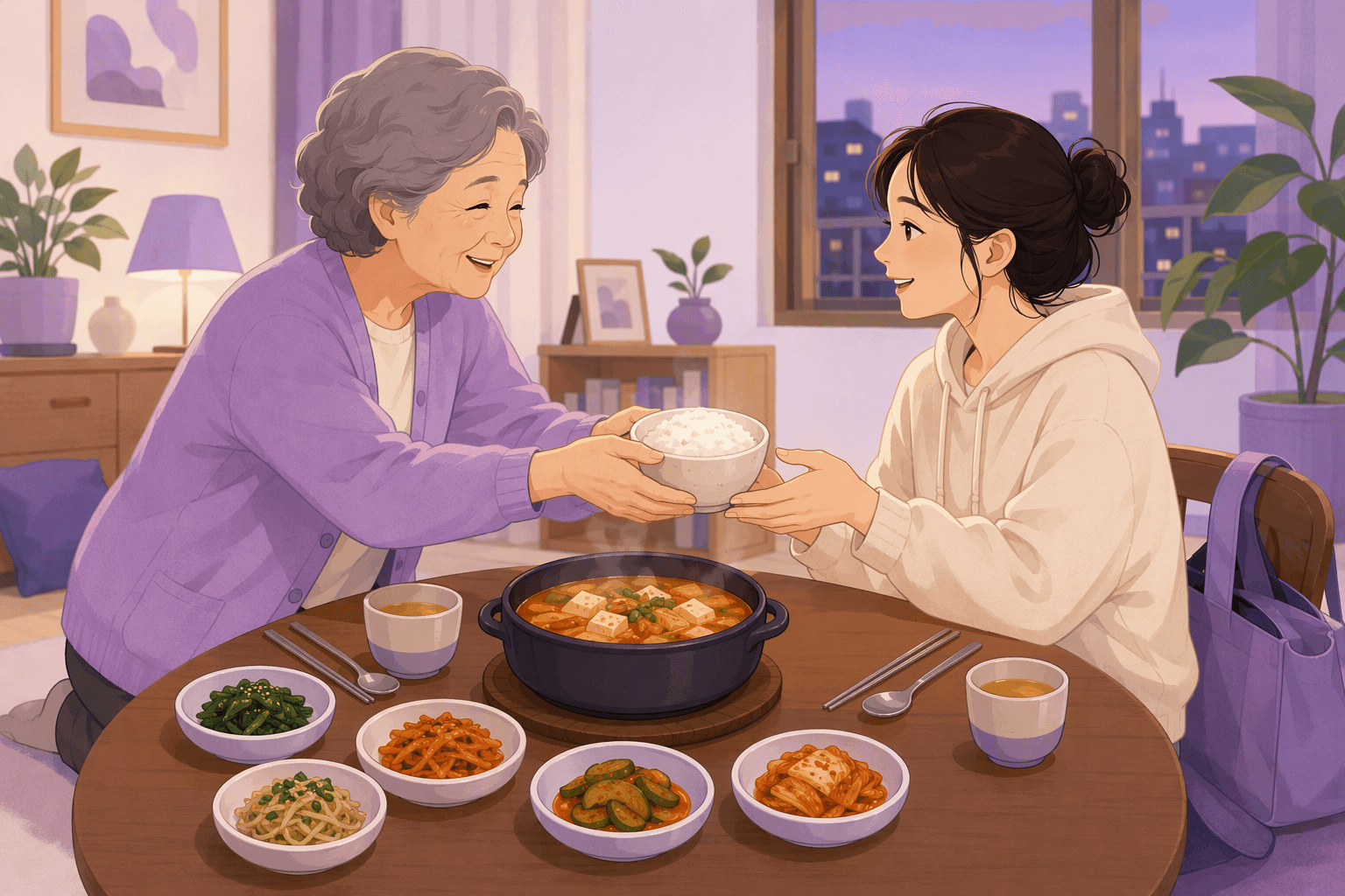 A grandmother in a cardigan passing a bowl of steamed rice with both hands to her adult grandchild across a Korean dinner table set with side dishes, a stew pot, metal chopsticks and cups of tea, in a cozy apartment at evening