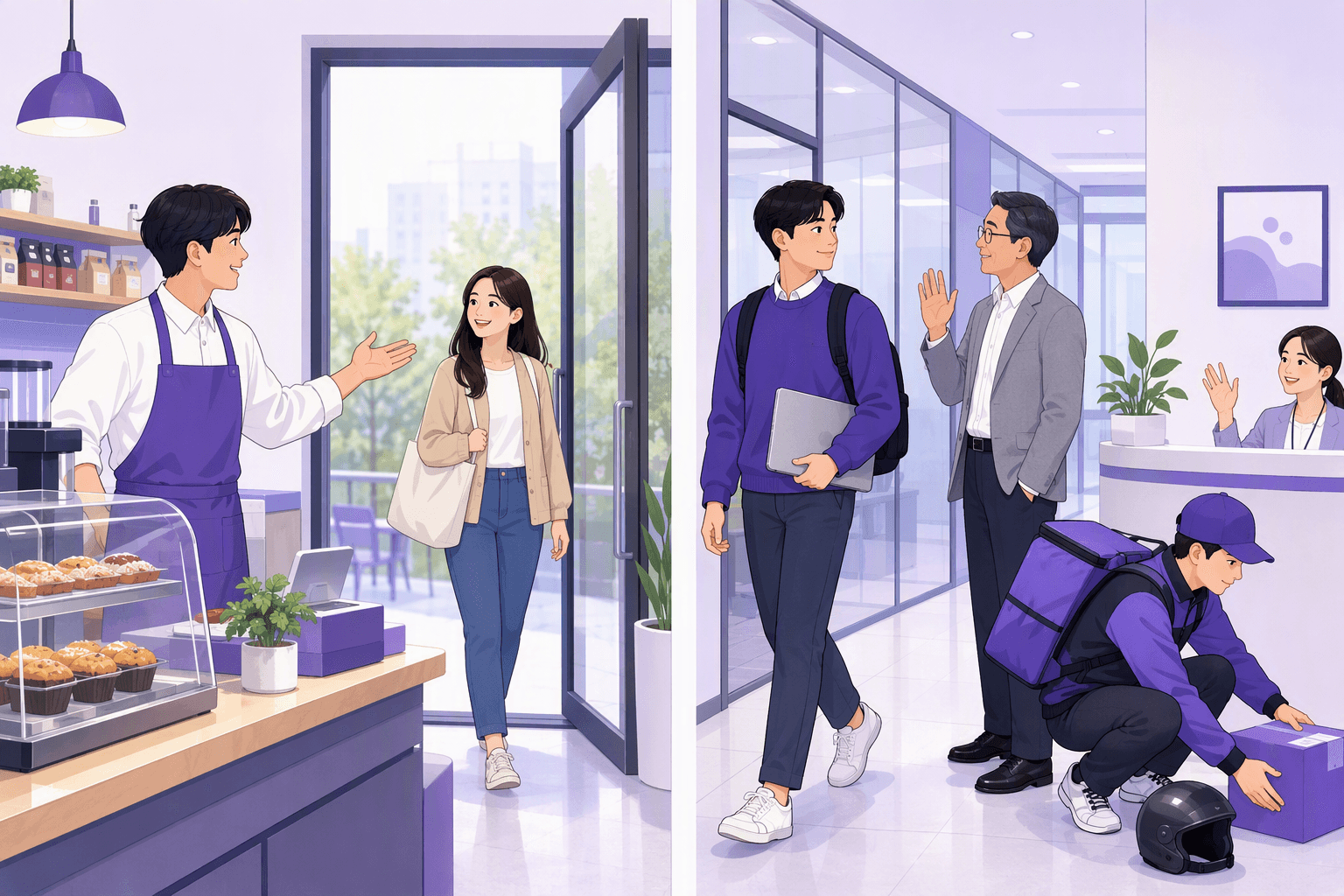 Two connected scenes of Korean service greetings: a cafe staff member in an apron welcoming a customer through the door with an open-palm gesture, and an office corridor where a young employee nods to an older colleague while a delivery courier sets down a parcel near reception