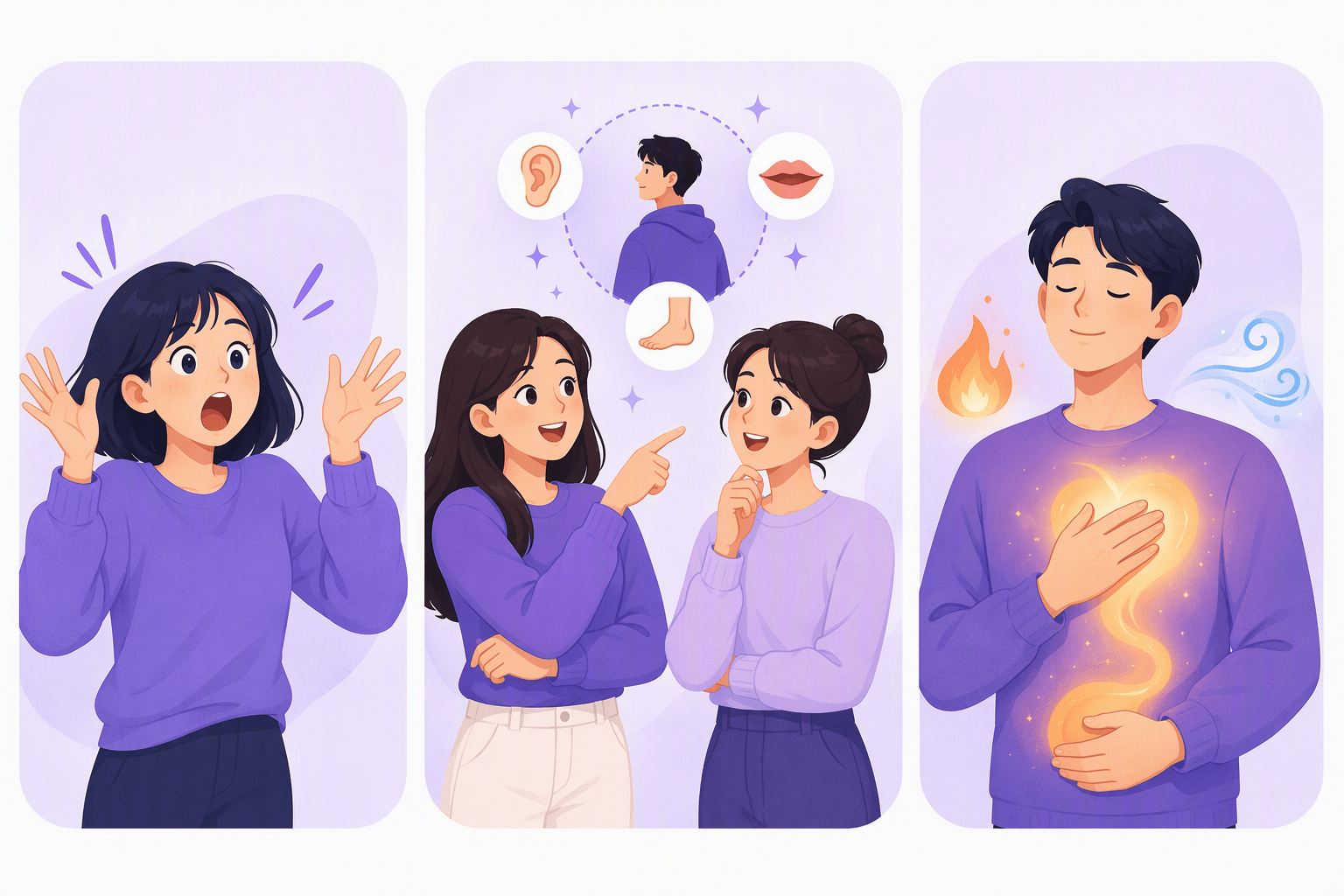 Three panels showing the patterns behind Korean idioms: a shocked reaction, two friends describing an absent person with ear, mouth and foot symbols, and a person feeling an emotion glow in the chest and stomach
