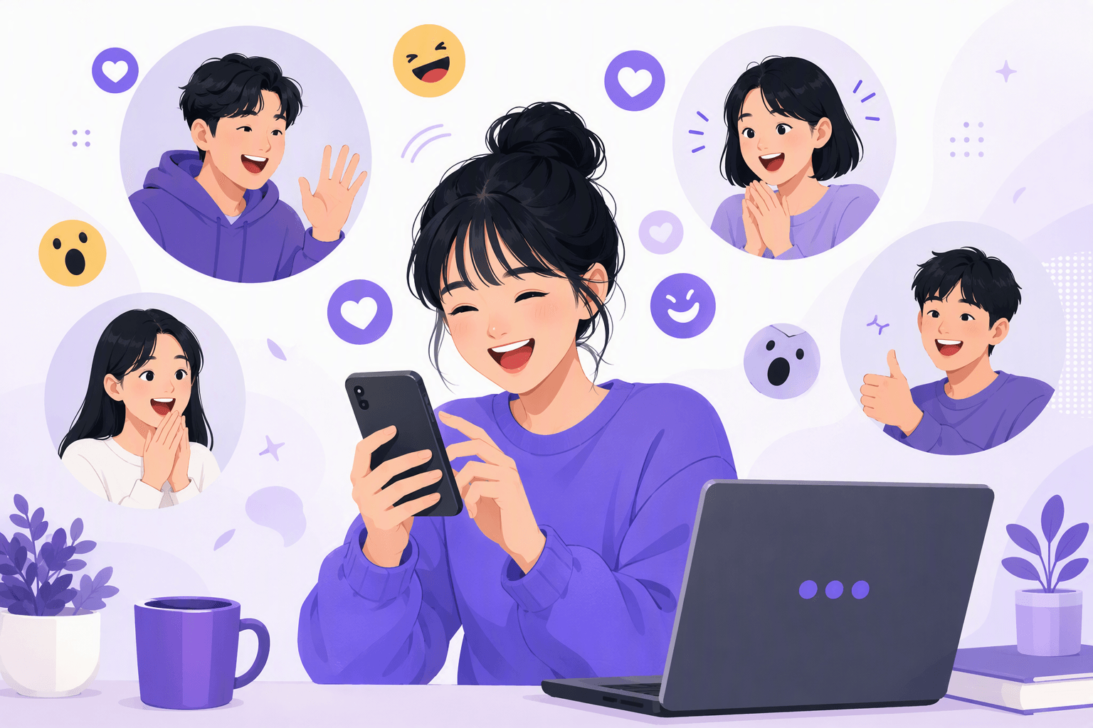 Flat-vector scene of a Korean learner holding a smartphone with reaction icons, blank chat bubbles, a laptop showing comment dots, and symbols for casual online conversation.