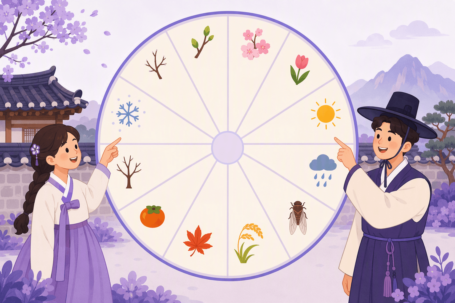 A woman and a man in hanbok stand beside a large wheel divided into twelve blank segments, each segment holding one seasonal symbol: bare branch, sprouting bud, cherry blossom, tulip, sun, rain cloud, cicada, rice ear, maple leaf, persimmon, bare tree and snowflake, with a hanok roof and mountains behind them