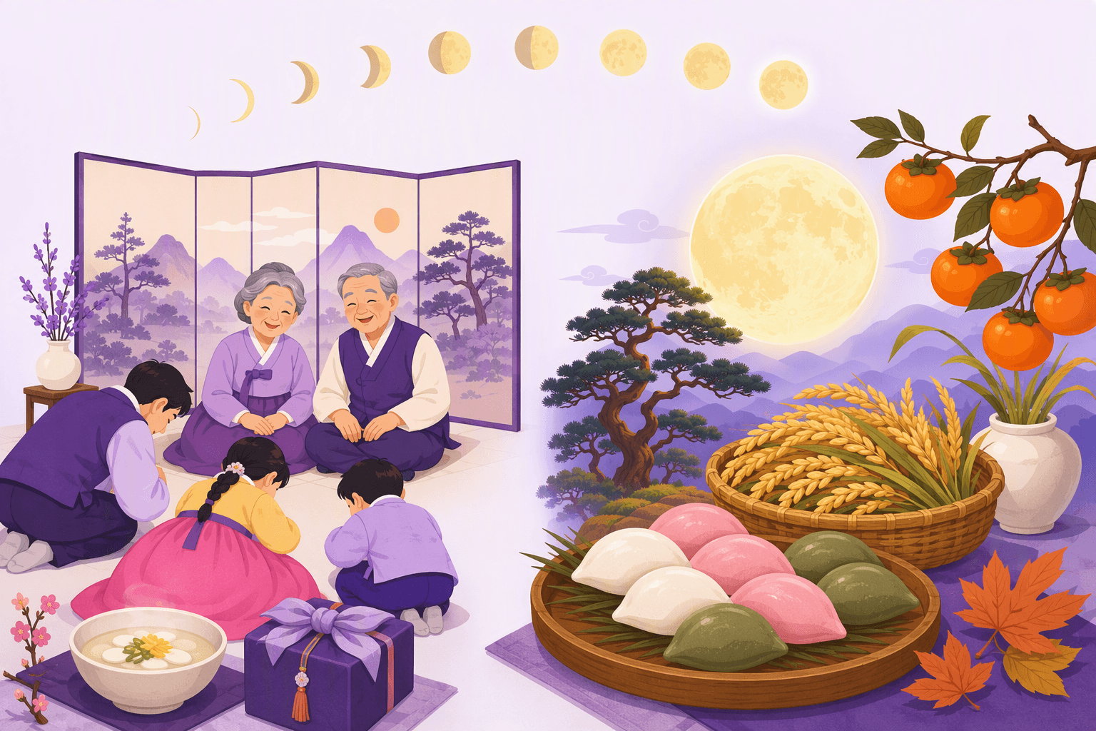 On the left a family in hanbok bows to smiling grandparents beside a bowl of rice cake soup and a wrapped gift; on the right a full harvest moon rises over pine trees above a tray of half-moon rice cakes, a basket of rice ears and a persimmon branch, with a crescent-to-full moon arc linking the two scenes