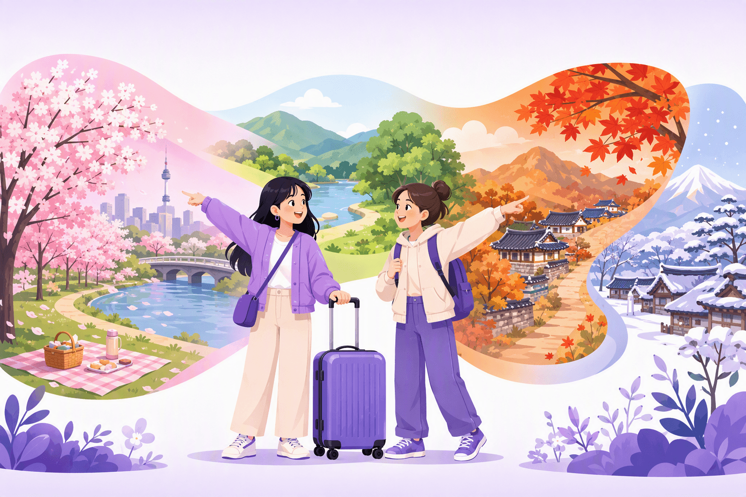 Two friends with a suitcase between them, one pointing left toward cherry blossoms along a river in Seoul, the other pointing right toward red maple leaves above a hanok village and a snow-covered street beyond