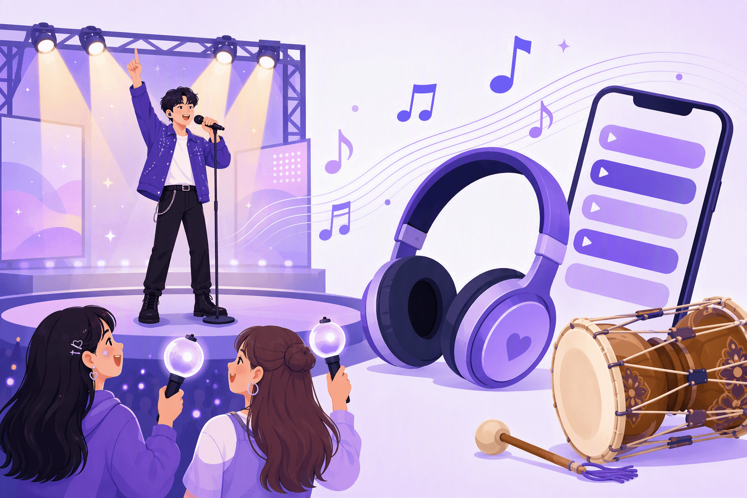 Korean music culture illustration: a singer on a lit stage with a microphone, fans waving light sticks, headphones, a phone playlist and a traditional Korean drum