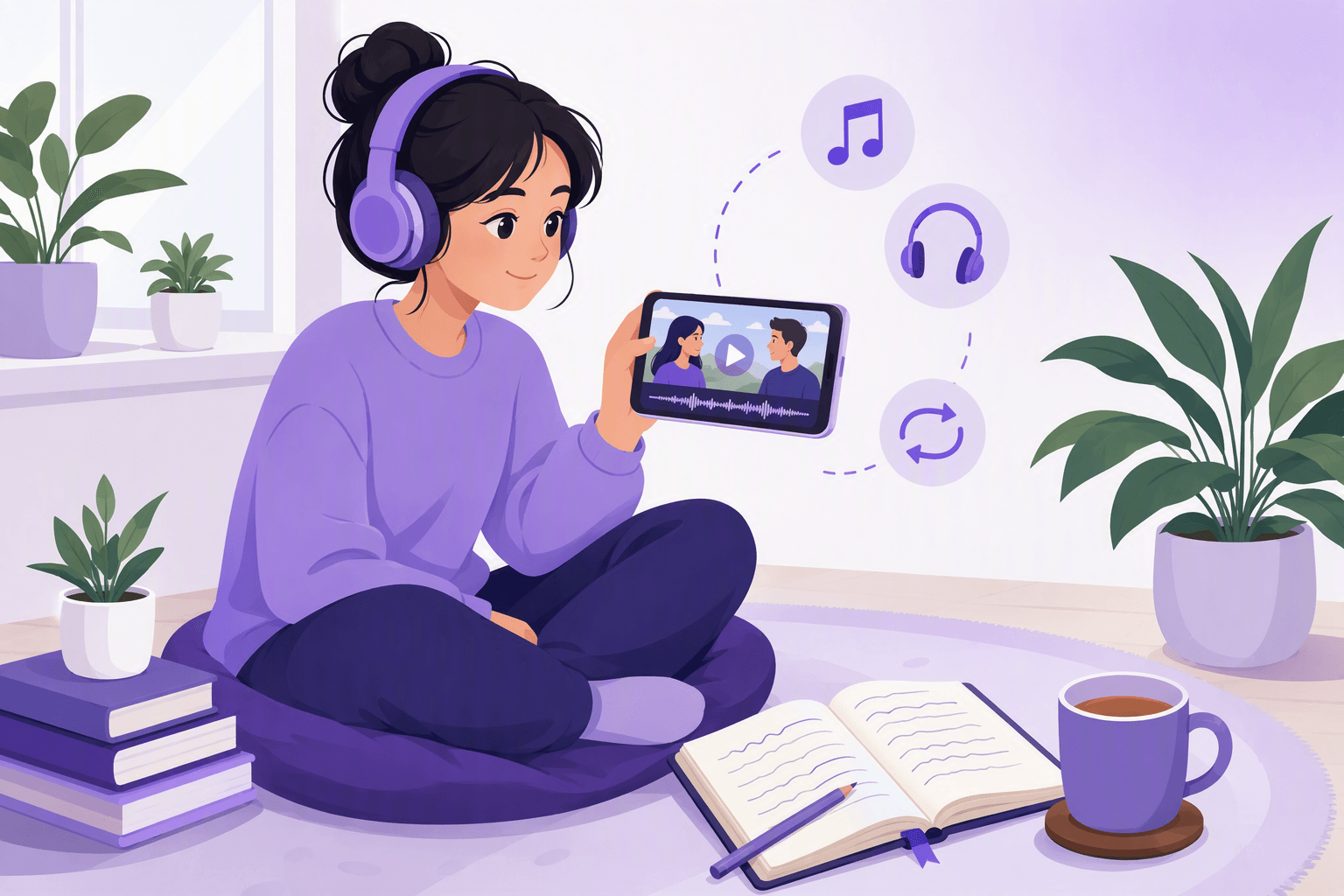 A learner sitting with headphones, replaying a short video clip on a phone and writing notes in an open notebook