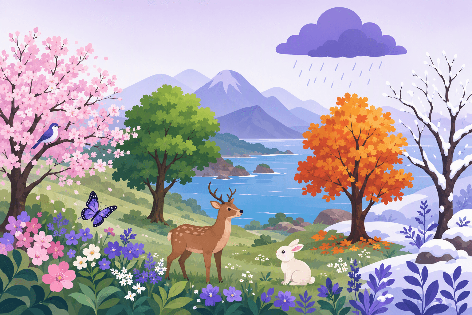 Flat-vector illustration of Korean nature showing mountains, sea, rain, seasonal trees, flowers, plants, a deer, a bird, a butterfly, and a rabbit.