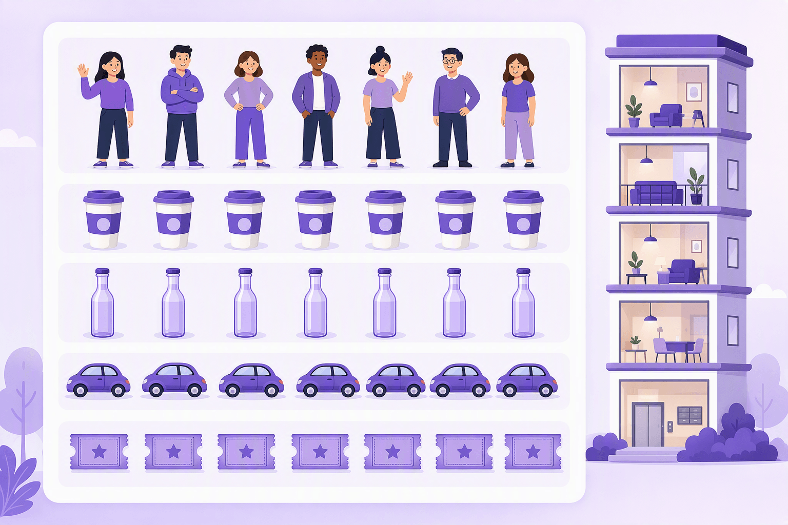 A tidy chart with five rows of repeated everyday objects that each take a different Korean counter: standing people, takeaway cups, glass bottles, small cars and paper tickets, beside a sliced apartment tower showing its separate stacked floors