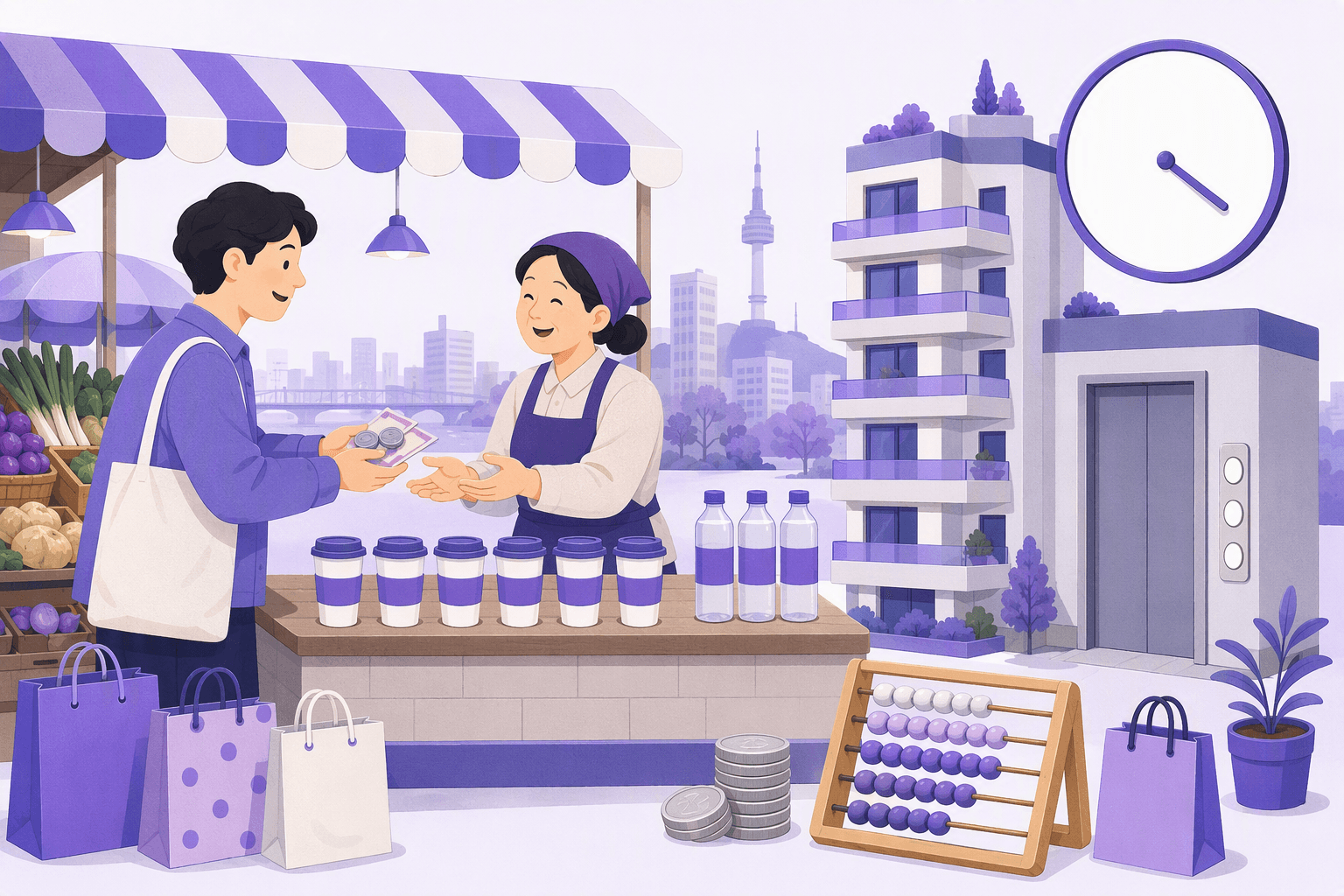 A shopper handing coins and a banknote to a smiling market vendor across a counter lined with takeaway cups and bottles, with a Seoul skyline, an apartment tower, an elevator panel, a wall clock and an abacus alongside