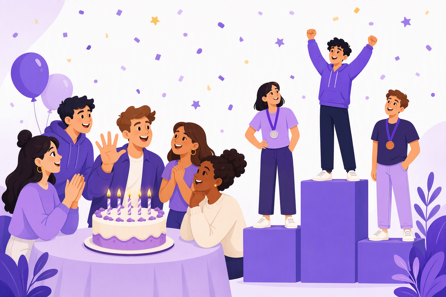 Friends clapping around a birthday cake topped with lit candles while one holds up an open palm, next to a three-tier winners podium with medal-wearing characters on the tall, medium and short blocks