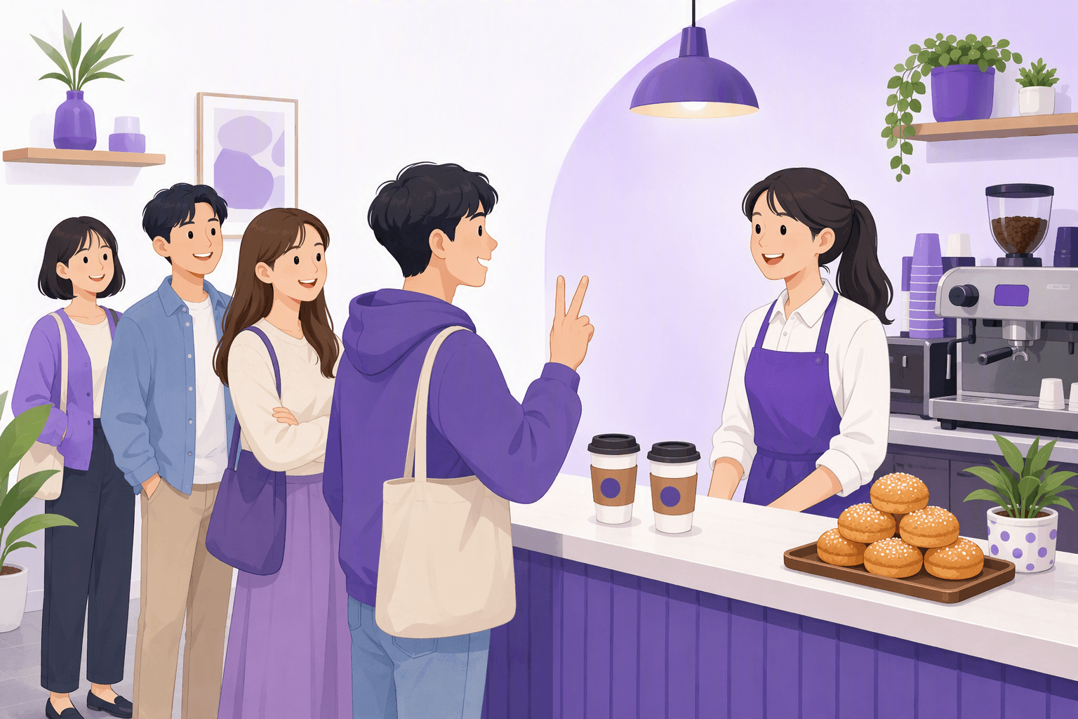 A customer at a Korean cafe counter holding up two fingers to a smiling barista, with two takeaway cups on the counter, a tray of pastries and three people waiting in line behind