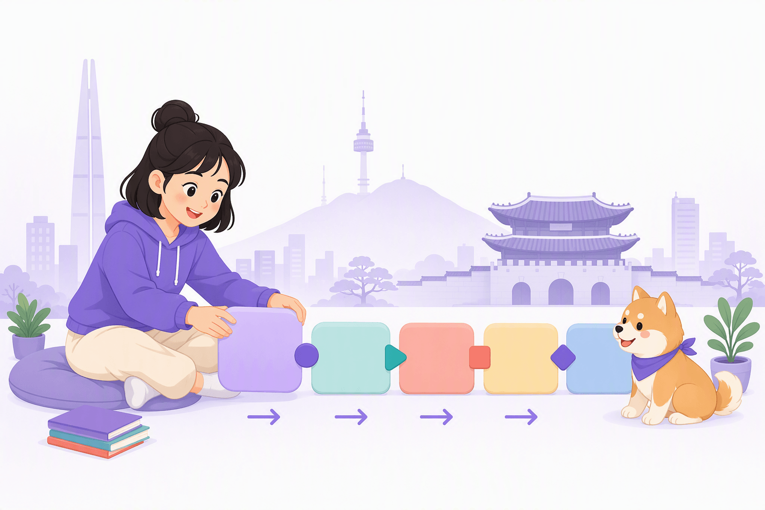 A learner assembling a Korean sentence from plain blocks joined by small connector pieces, with a Seoul skyline in the background