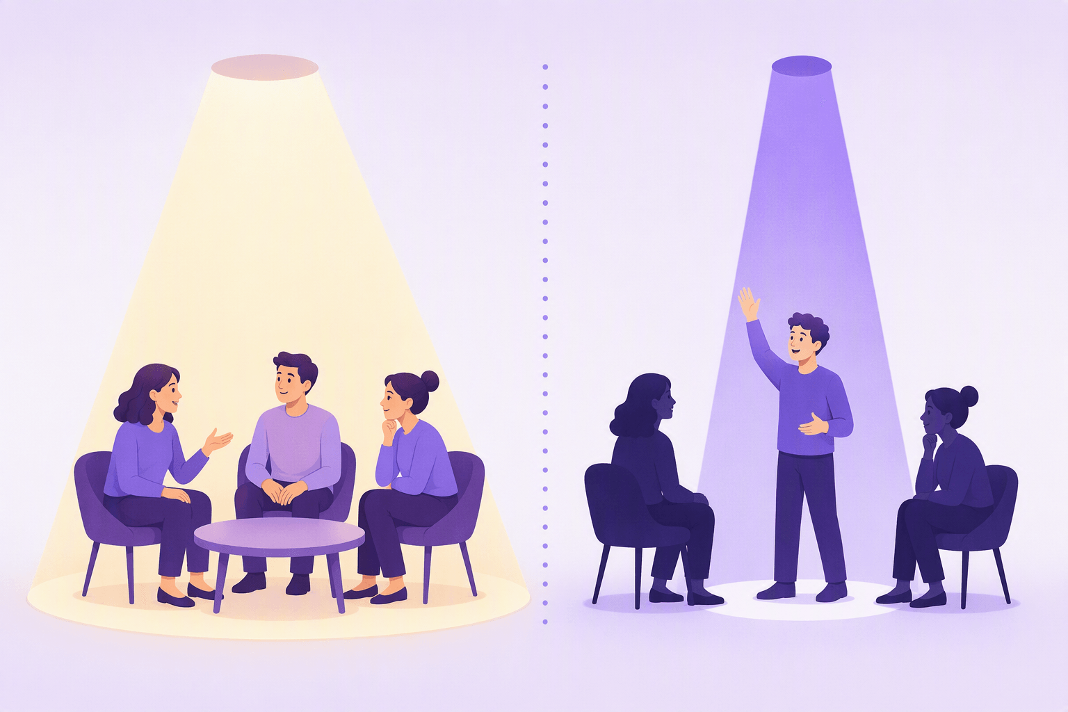 Two stage spotlights side by side: a wide soft beam covering a whole seated group, and a narrow beam picking out one person raising a hand