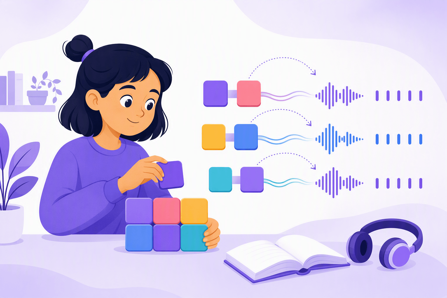 Flat-vector scene of a learner practicing Korean pronunciation by arranging syllable blocks as sound waves connect neighboring tiles and evenly spaced rhythm marks emphasize smooth, regular speech.