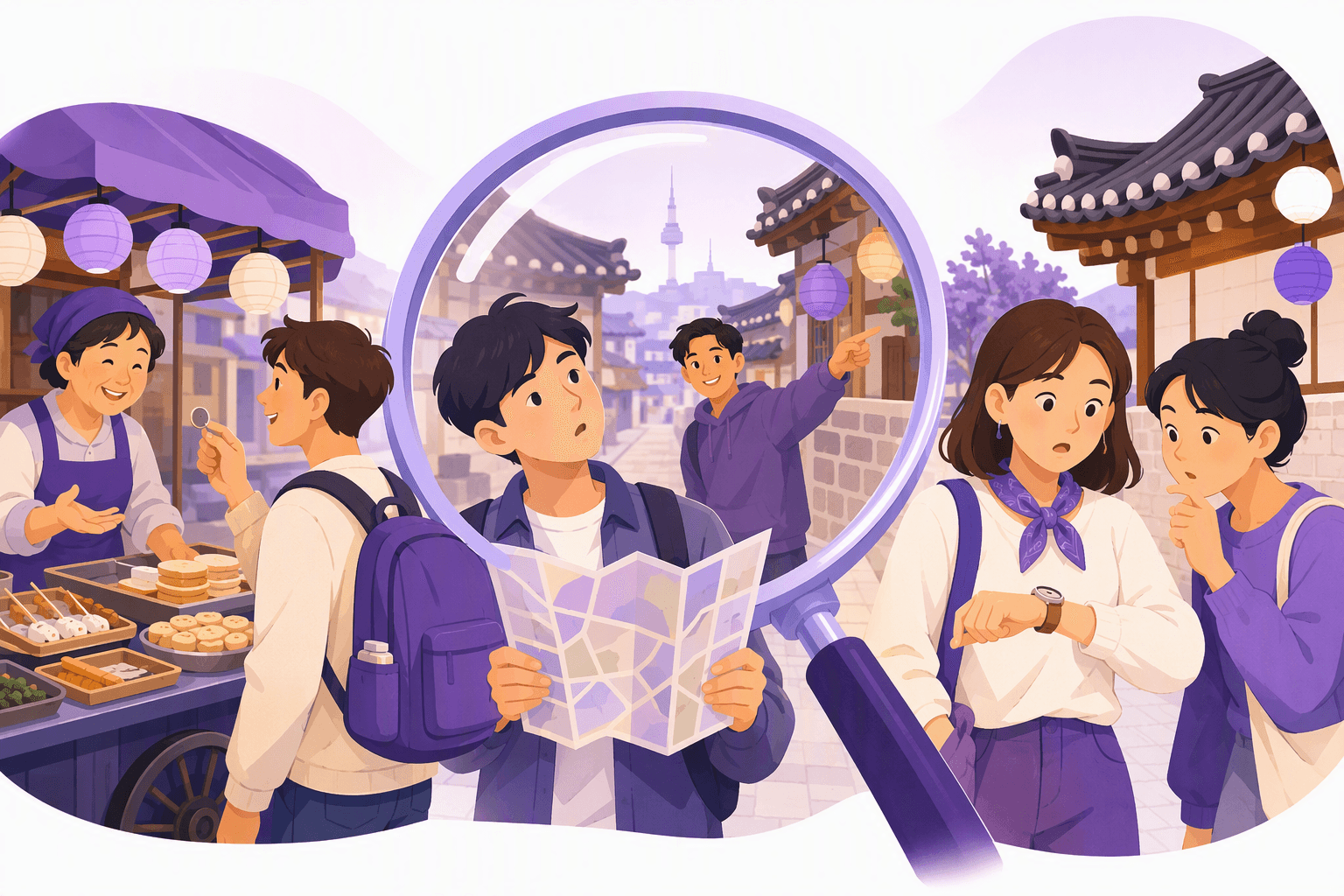 Travelers in a Korean street asking a market vendor about a price, checking a map for directions and glancing at a watch about the time