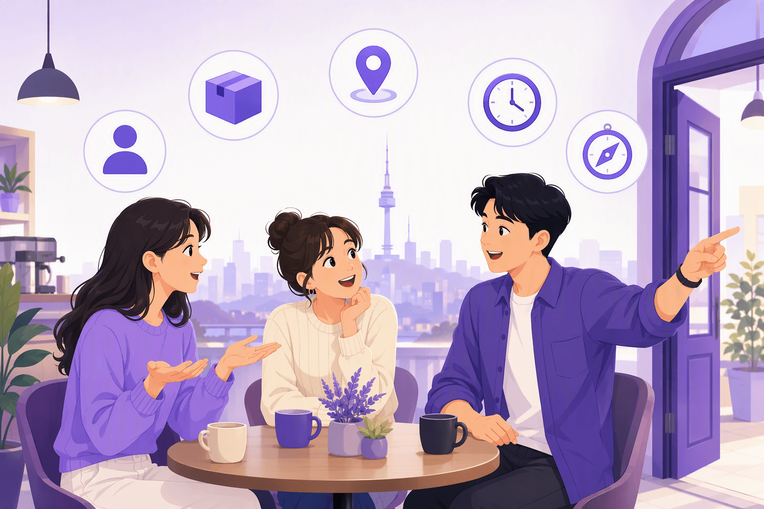 Three friends in a Seoul cafe asking each other questions, surrounded by icons for person, object, place and time