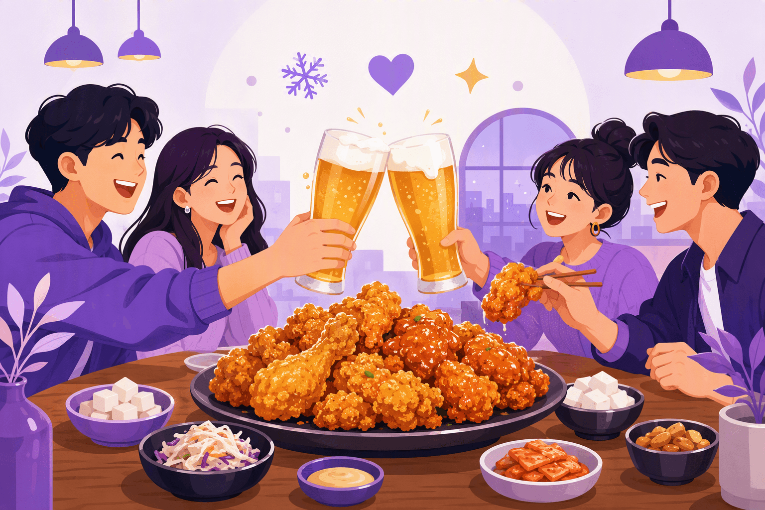 Four friends around a wooden pub table clinking two frosty glasses of beer above a large platter of Korean fried chicken, with side bowls of pickled radish, coleslaw and dipping sauce, under hanging lamps with a city skyline in the window