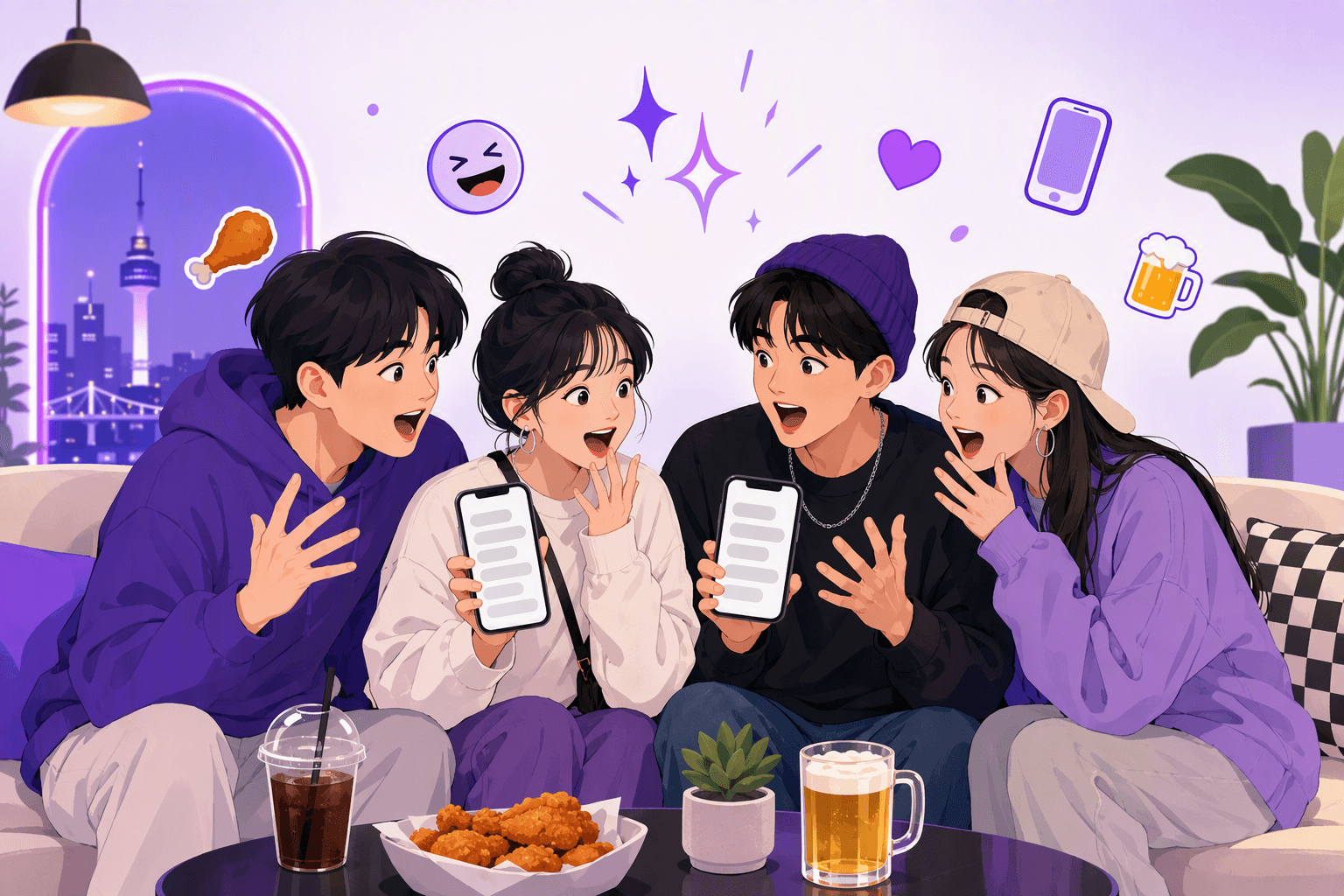 Four young Korean friends on a couch in a neon-lit Seoul cafe, leaning in with wide-eyed surprised expressions and raised hands, two of them holding up phones with blank chat rows, a shared plate of fried chicken and a beer mug on the table in front of them