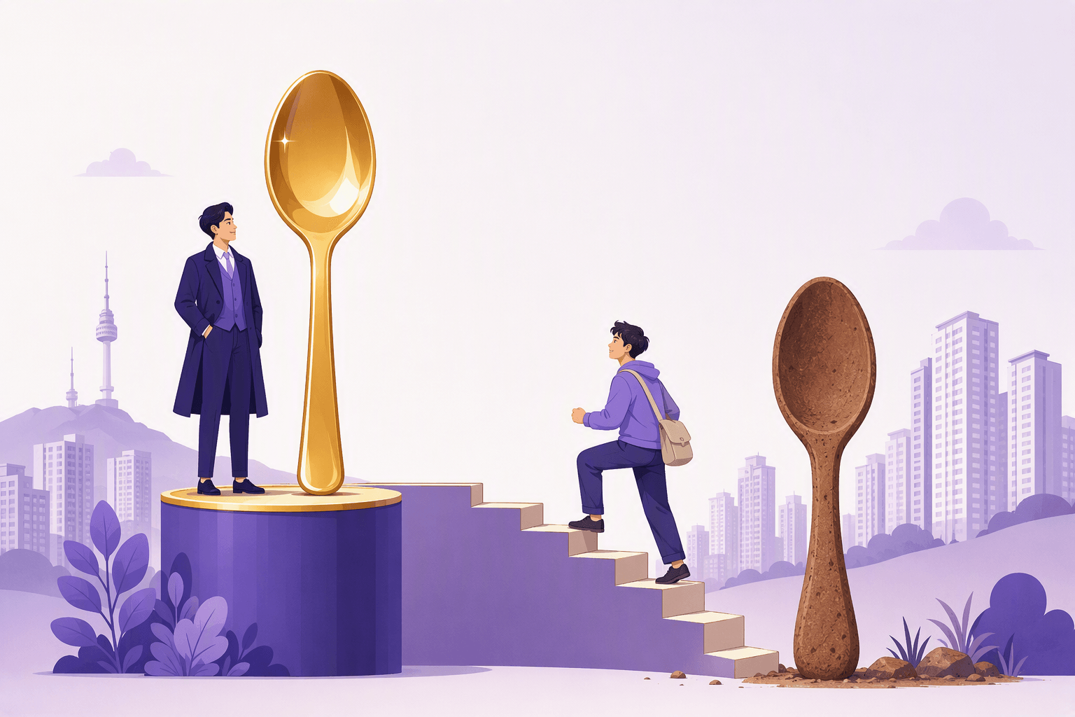 A visual metaphor for the Korean spoon class system: a man in a smart coat stands on a raised pedestal beside a giant polished golden spoon, while a young person with a backpack climbs a short staircase toward him from the lower ground where a plain rough earthen spoon stands, apartment towers in the background