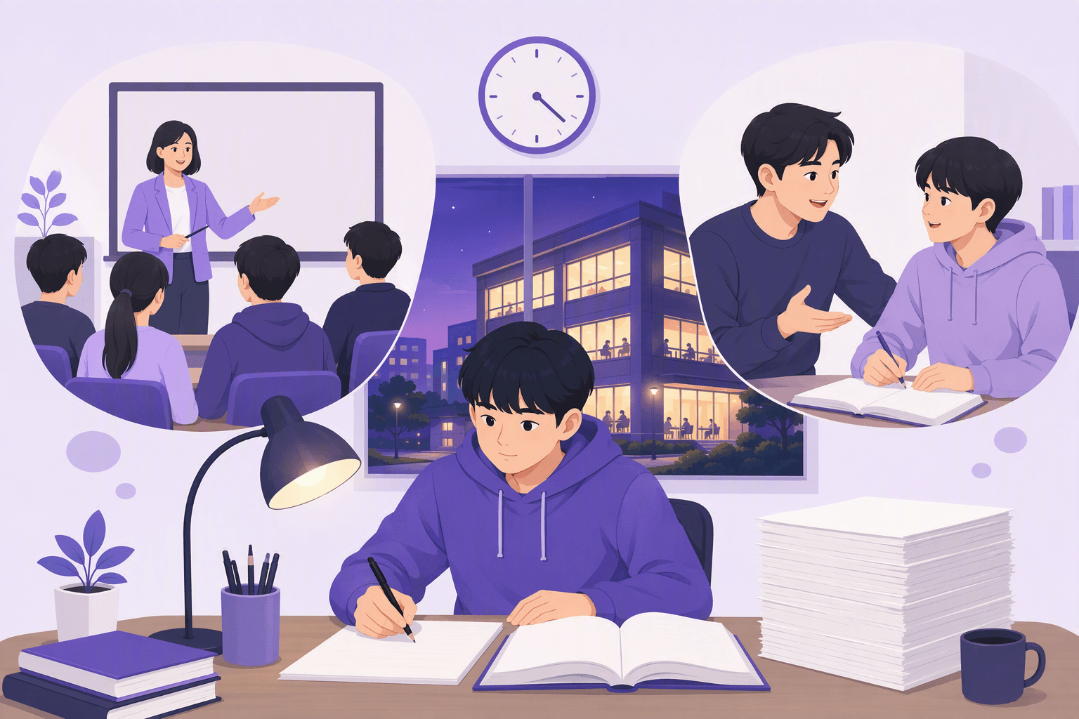 Flat-vector illustration showing Korean school life with a student preparing for exams, a teacher, an older classmate, blank study papers, a clock, and an evening private academy.
