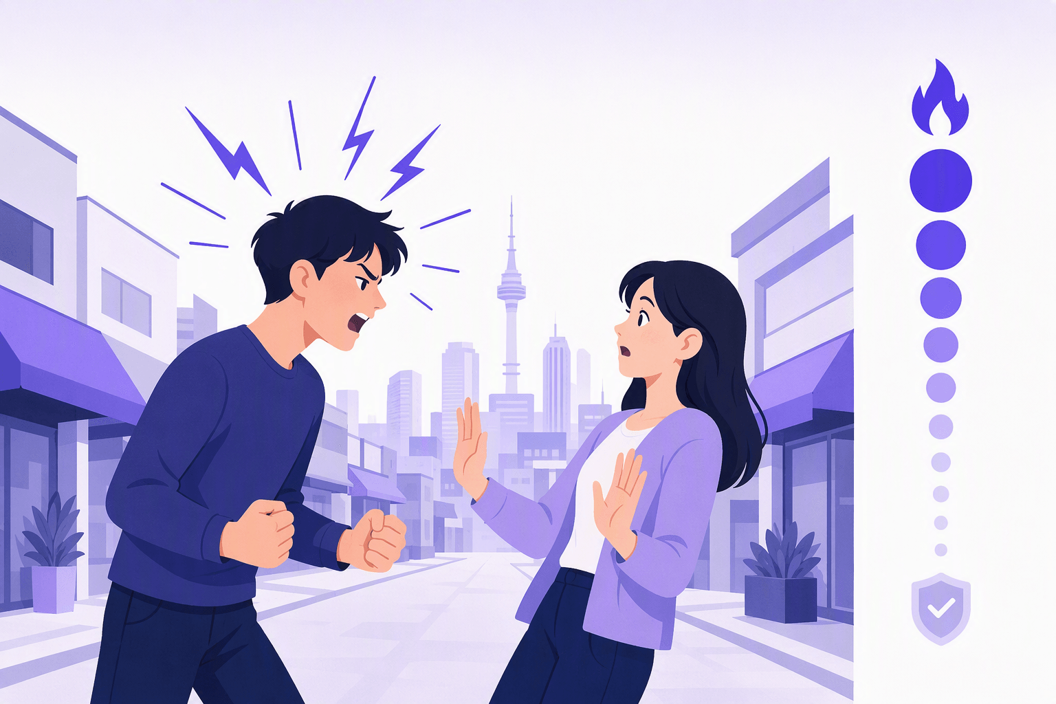 Two people arguing on a Korean street, with an escalating severity scale beside them running from a calm shielded end up to a flame