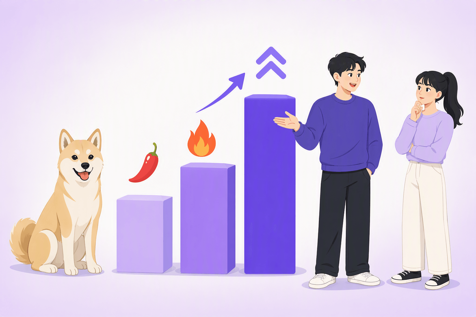 A friendly dog beside three rising blocks with a chili pepper, a flame and an upward arrow, while two young Koreans discuss the escalating scale