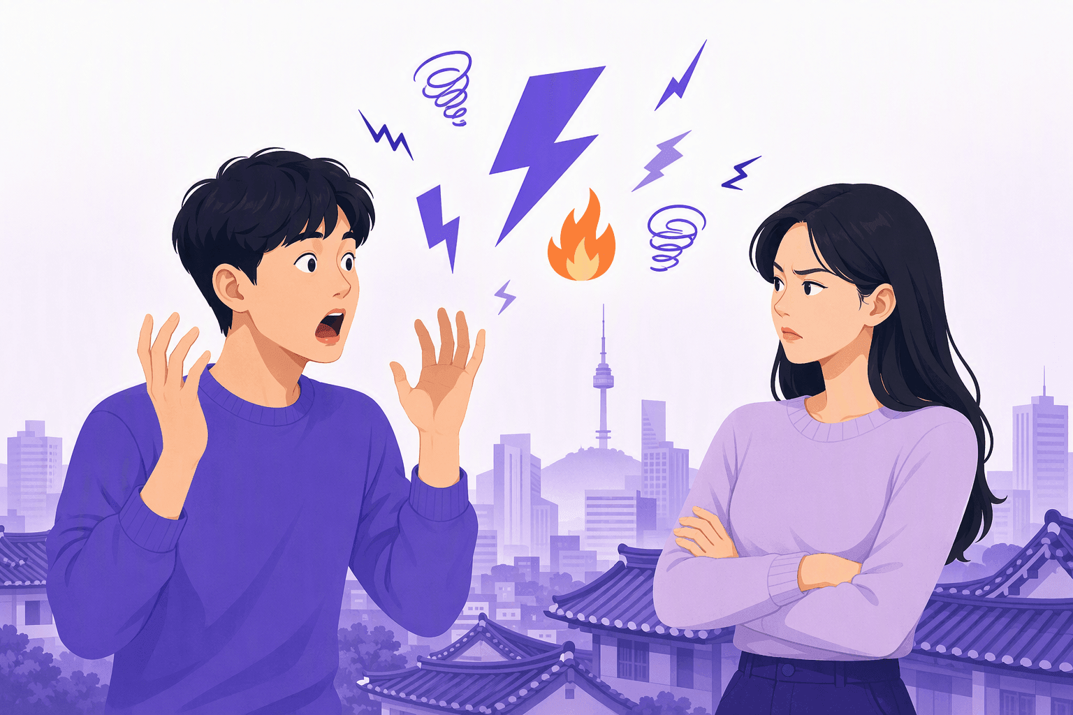 Two young Korean speakers facing each other in a heated exchange, with lightning bolts and sparks above them and a Seoul skyline with hanok rooftops behind