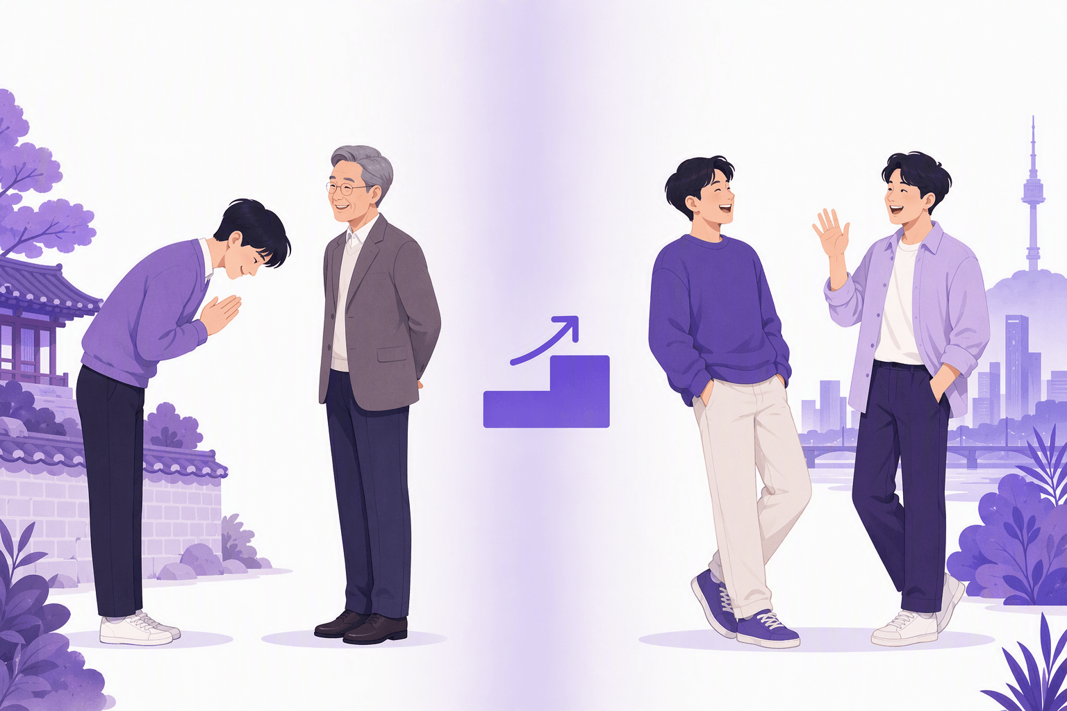 On the left a young Korean man bows deeply to a smiling elder, on the right two same-age friends greet each other casually, separated by a small two-step staircase icon