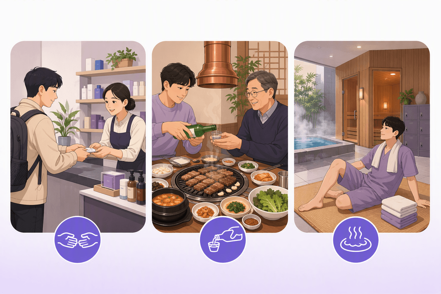 Three scenes of Korean everyday etiquette: a traveller handing a card to a shop assistant with both hands, a younger person pouring a drink with two hands for an older person at a Korean barbecue table, and a bathhouse with a wooden sauna, a steaming pool and folded towels