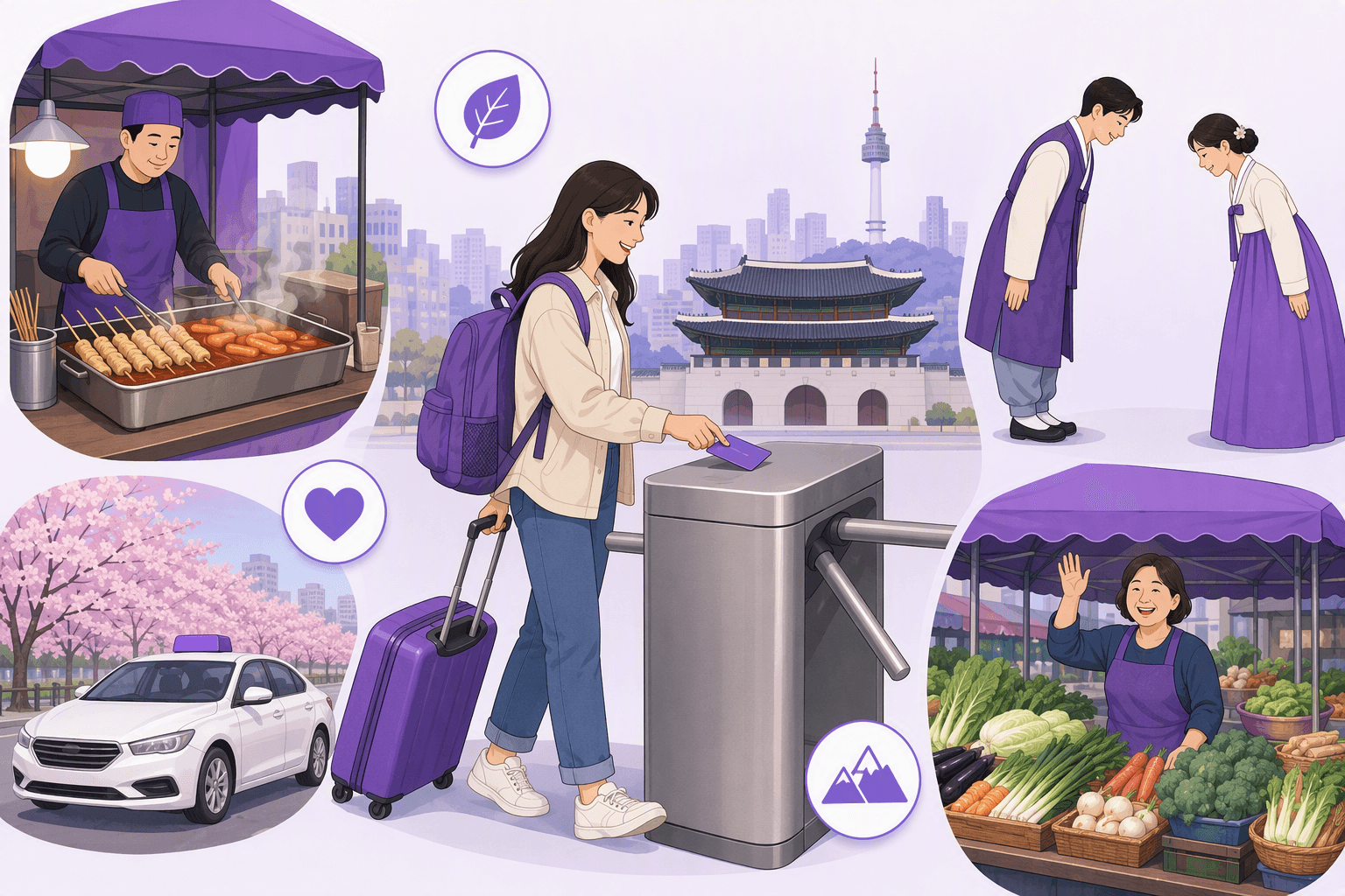 A traveller with a backpack and suitcase taps a transit card at a Seoul subway turnstile, surrounded by a street-food tent, a taxi under cherry blossoms, a waving market vendor, two people in hanbok bowing to each other and a traditional palace gate against the city skyline