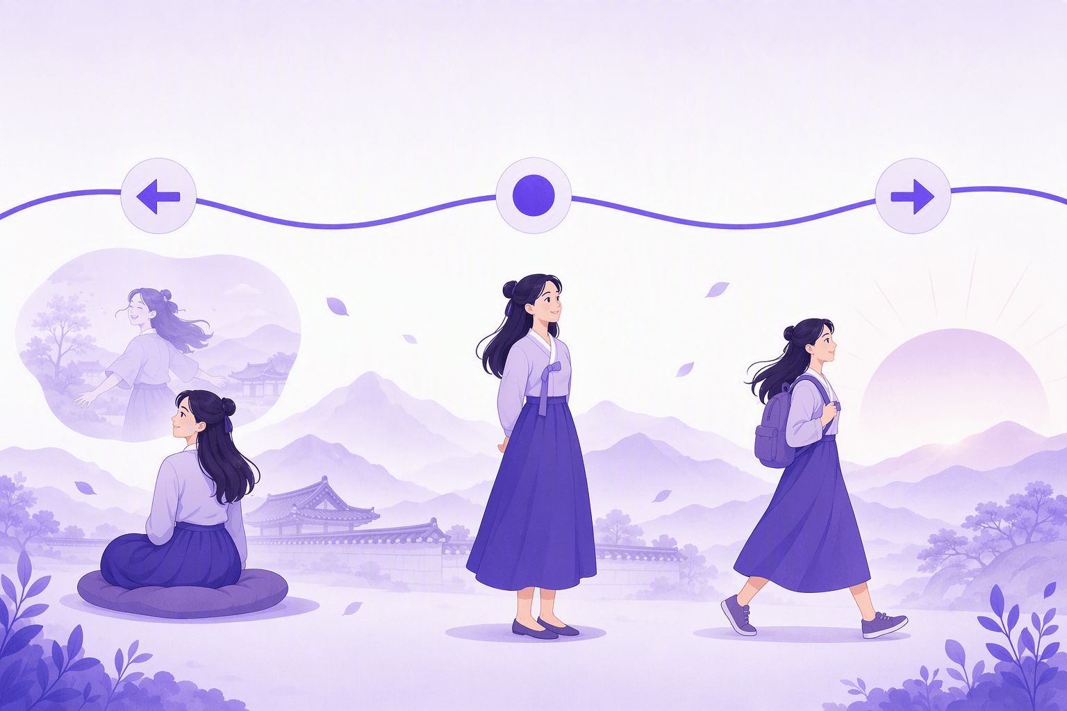 A curved timeline with three markers and the same person looking back, standing in the present, and walking toward a sunrise