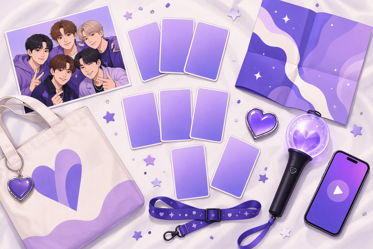 A flat lay of K-pop fan merchandise: collector photocards, a tote bag, a heart pin, a lanyard, a folded poster, a light stick and a phone playing a video
