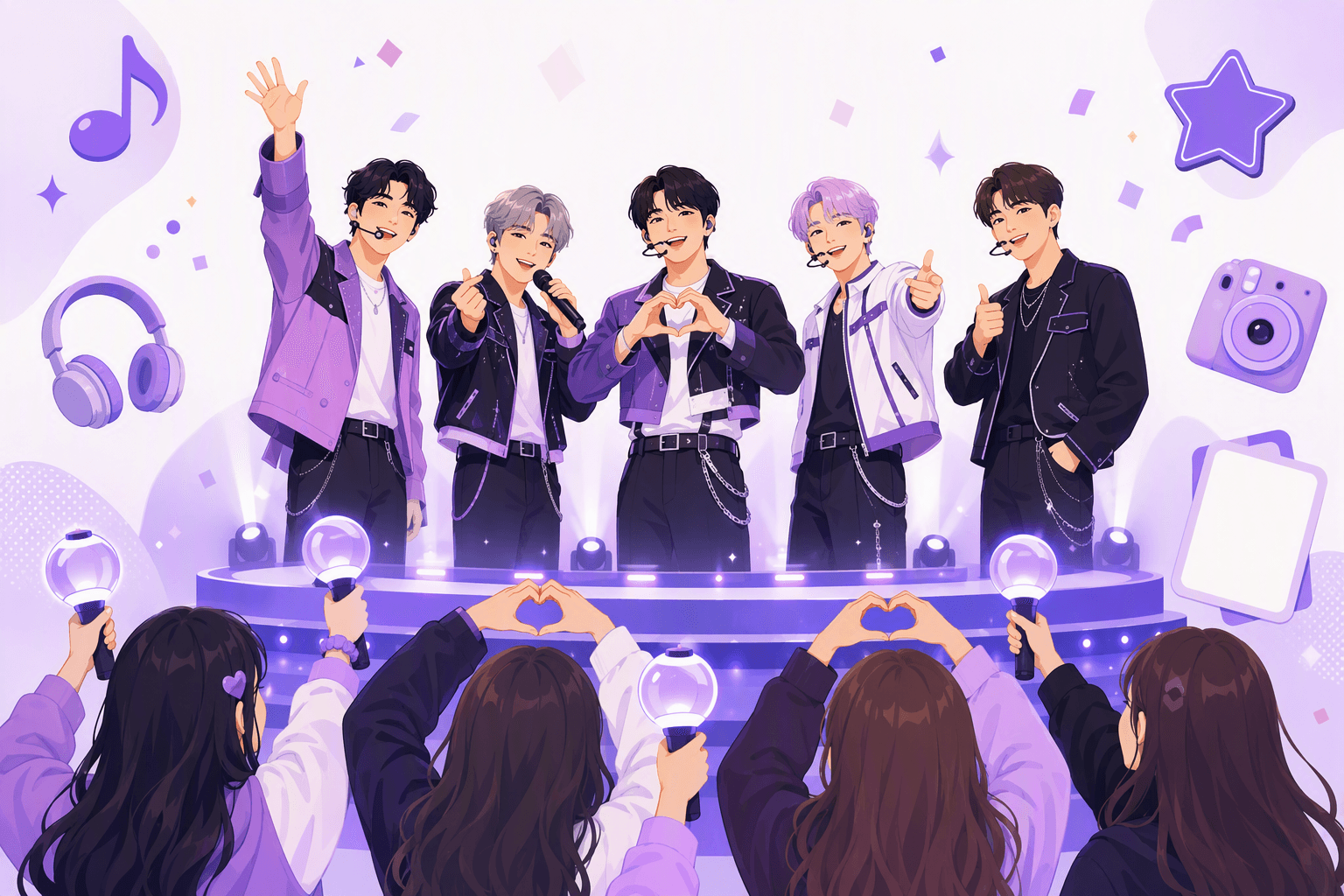 A K-pop group performing on a bright stage while fans in the front row raise glowing light sticks and make heart gestures