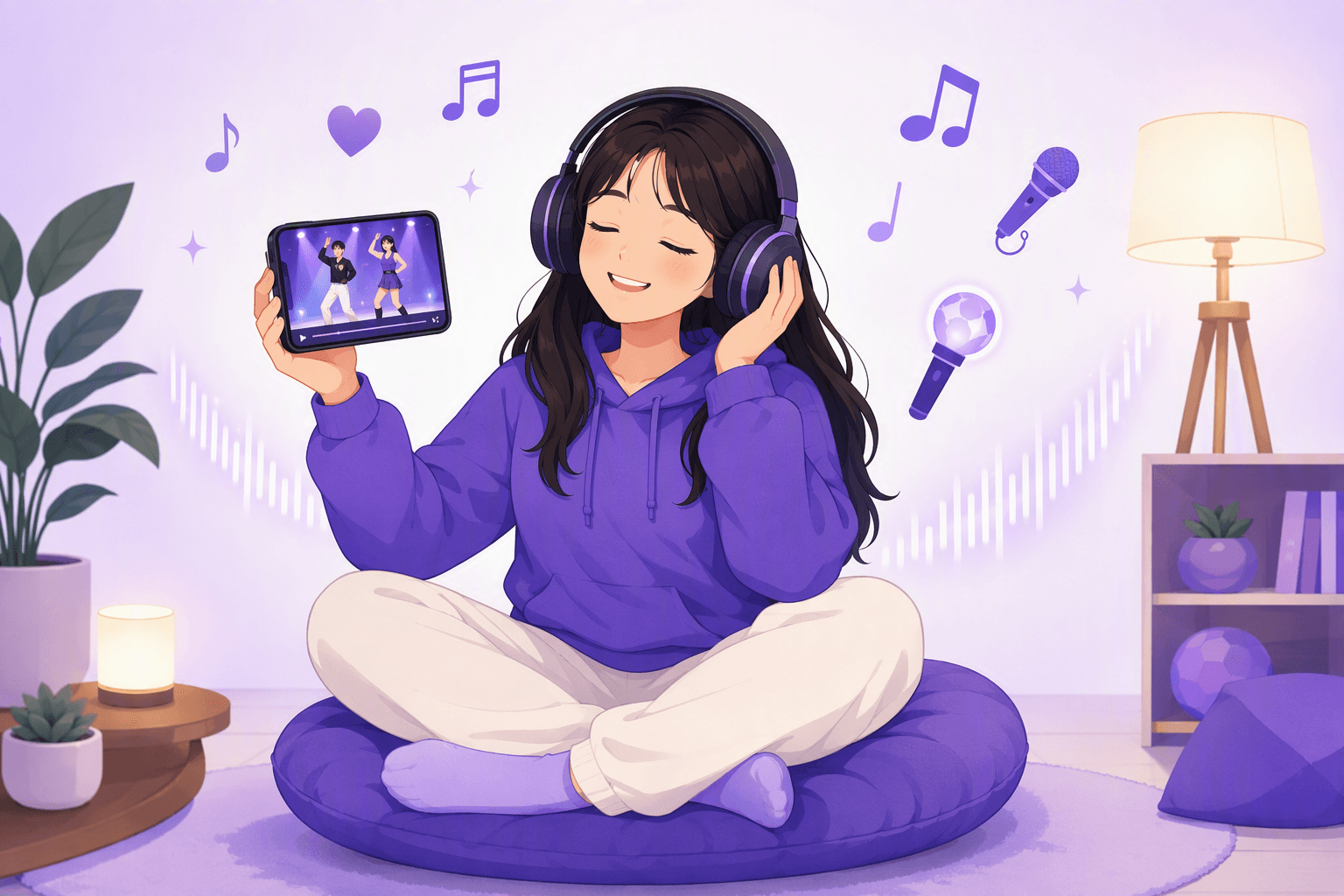 A learner in headphones sits on a floor cushion holding a phone that shows two performers on a small stage, surrounded by floating music notes, a heart, a microphone and a glowing concert light stick