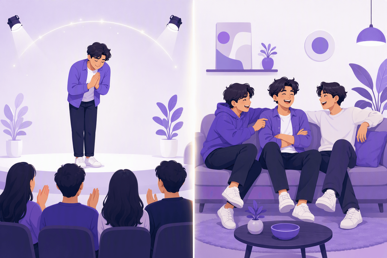 Split illustration: on the left a performer bows respectfully to a seated audience on a lit stage, on the right the same three friends lounge on a couch laughing and leaning on each other