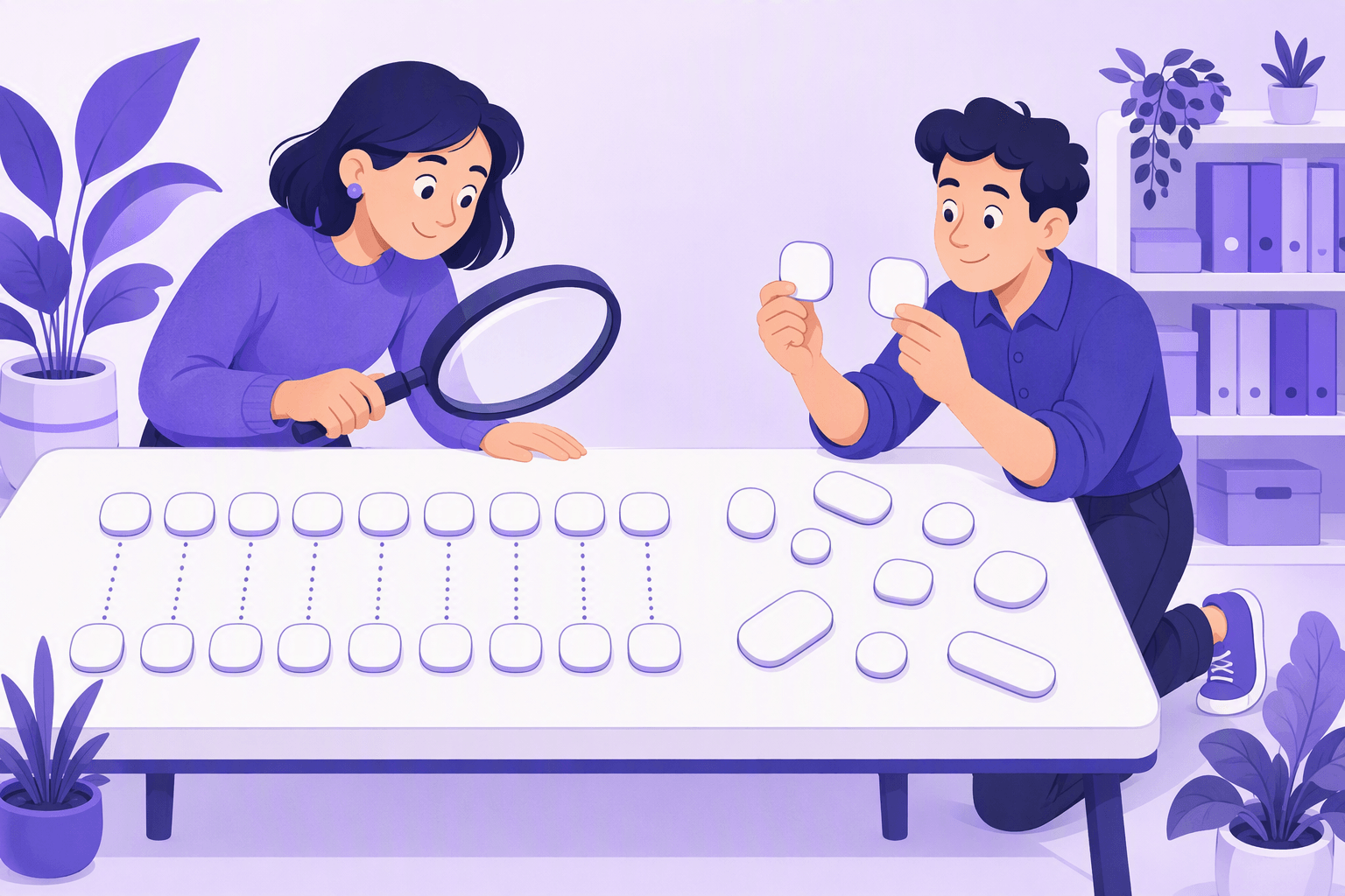 Two researchers comparing blank tokens: on one side pairs line up in a regular repeating pattern joined by dotted lines, on the other side mismatched pieces fail to line up