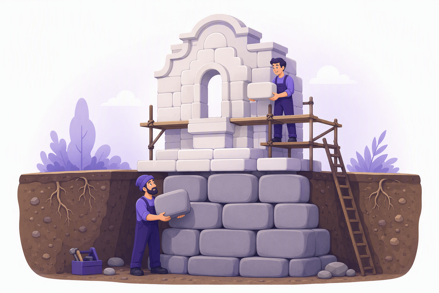 Cutaway of a building: a deep foundation of plain sturdy stone blocks underground supports an ornate decorative upper storey, with a builder working on each level