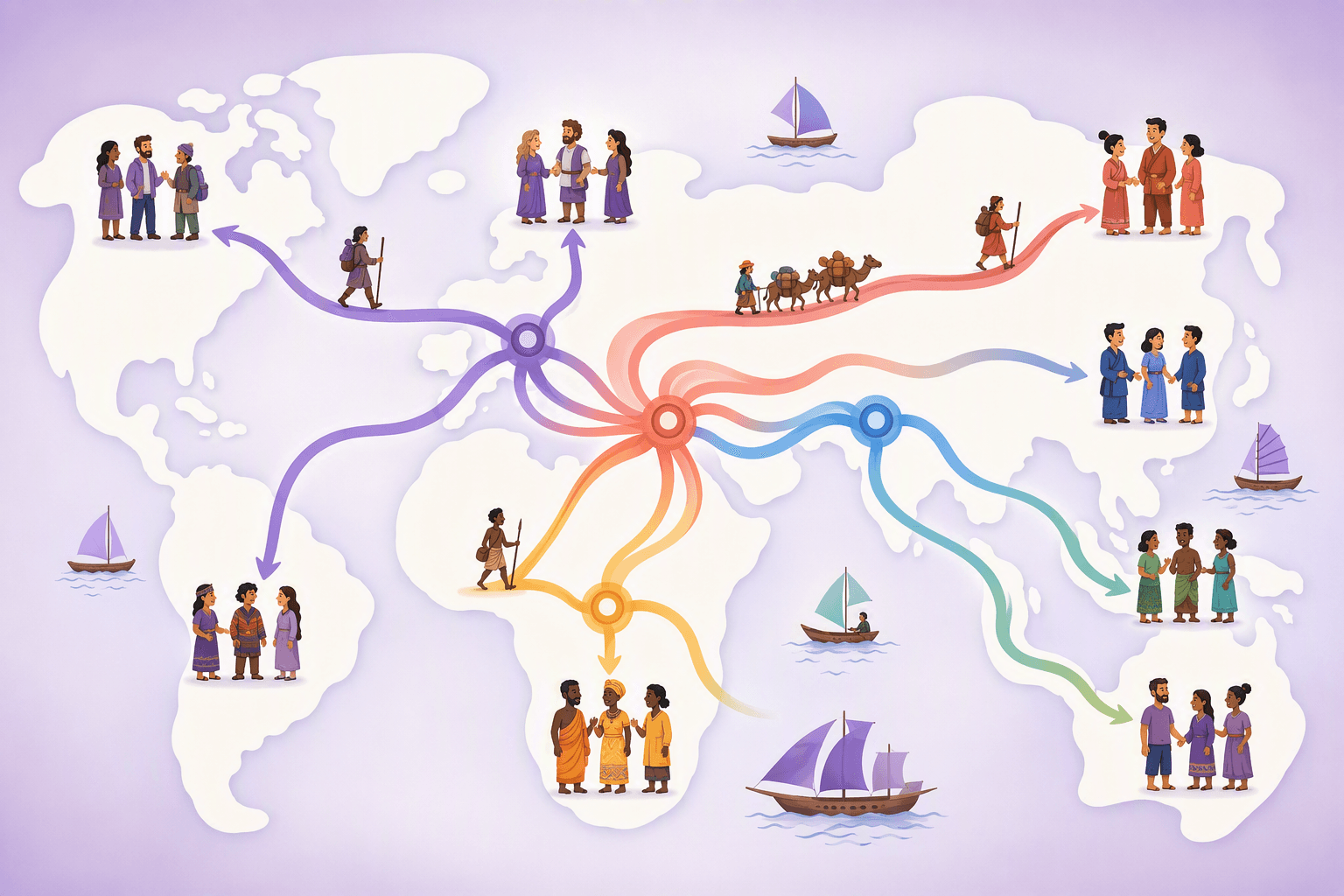 Migration routes fanning out across a simplified world map, with travellers, boats and caravans carrying language families to different continents