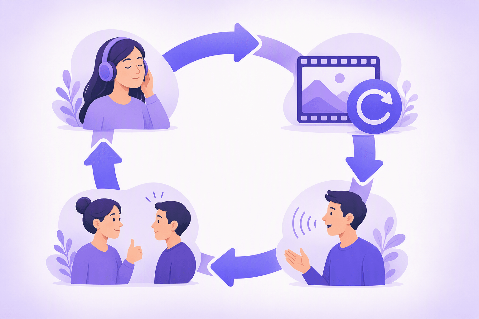Four scenes arranged around a closed ring of thick arrows to show a repeating cycle: a calm person listening with over-ear headphones, a film frame beside a circular replay arrow, a person speaking with sound waves coming from their mouth, and two people facing each other where one nods while the other gives an approving hand gesture