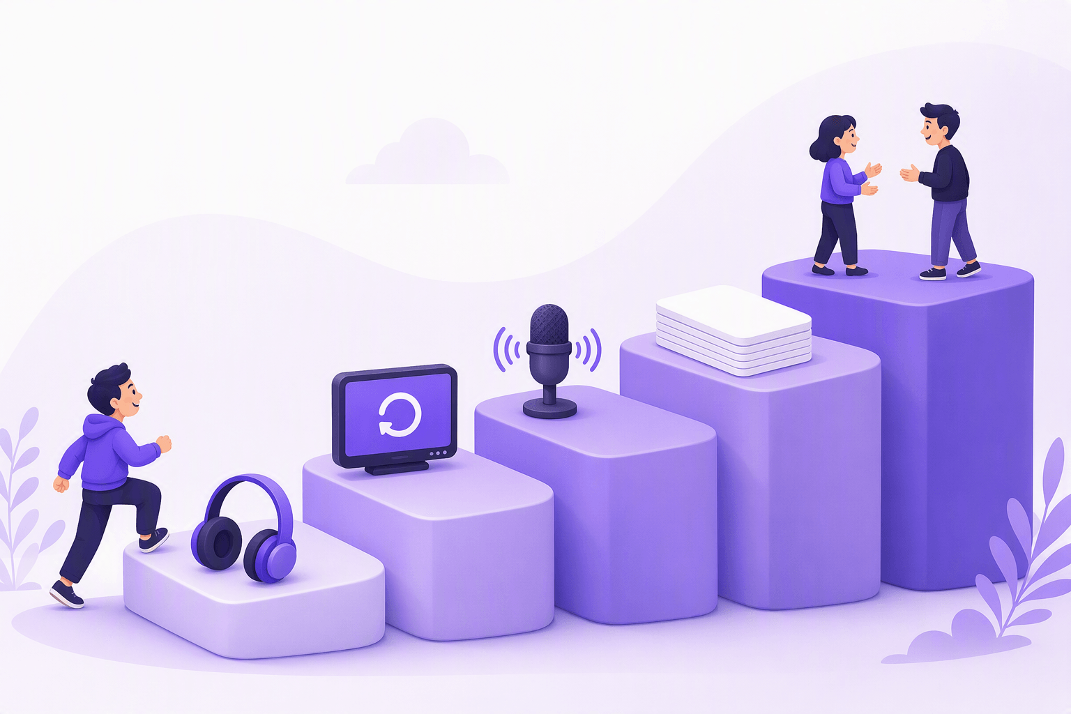 A rising staircase of five rounded blocks with a learner climbing from the lowest step upward, each step carrying one object from the daily routine in order: over-ear headphones, a screen showing a replay arrow, a microphone with sound waves, a stack of blank review cards, and two people standing face to face in conversation on the top step