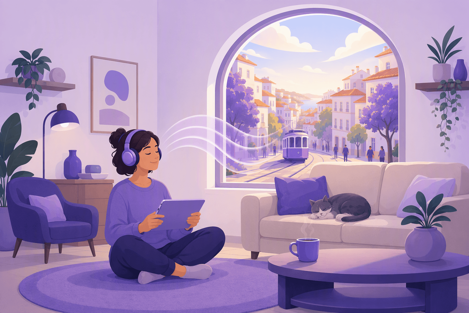 A calm living room where a relaxed learner sits cross-legged on a rug with over-ear headphones and a tablet, a cat asleep on the sofa and a mug of tea on the table, while a large arched window behind them opens onto a sunlit foreign street with pastel rooftops, a tram and people walking, and soft sound waves drift from that street into the room