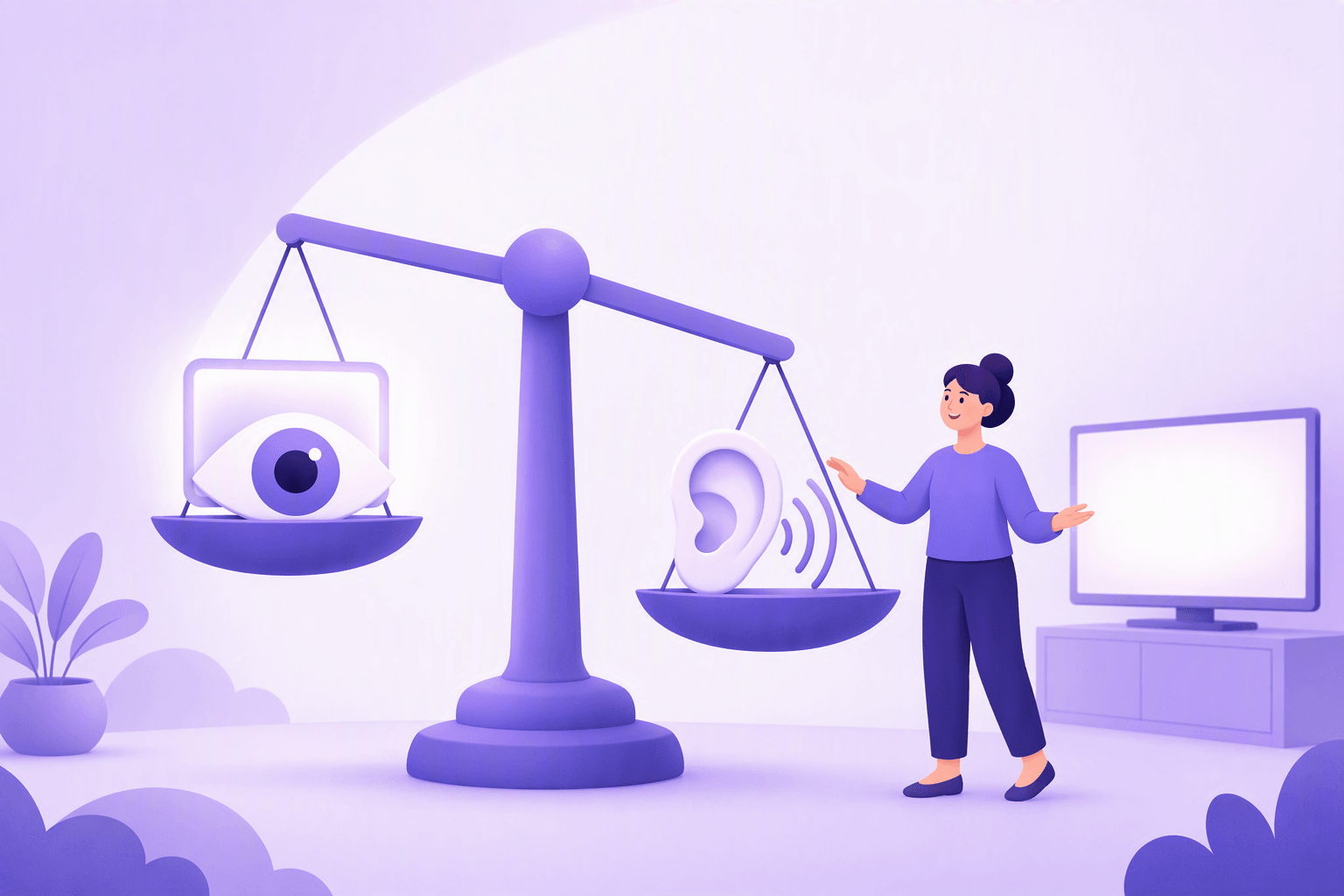 A balance scale weighing reading against listening: on the higher pan a large eye icon rests on a small glowing screen, on the lower pan a large ear icon sits beside curved sound waves so the beam tips toward the ear, while a learner standing beside the scale reaches a hand toward the ear side and a television with a blank screen glows in the background