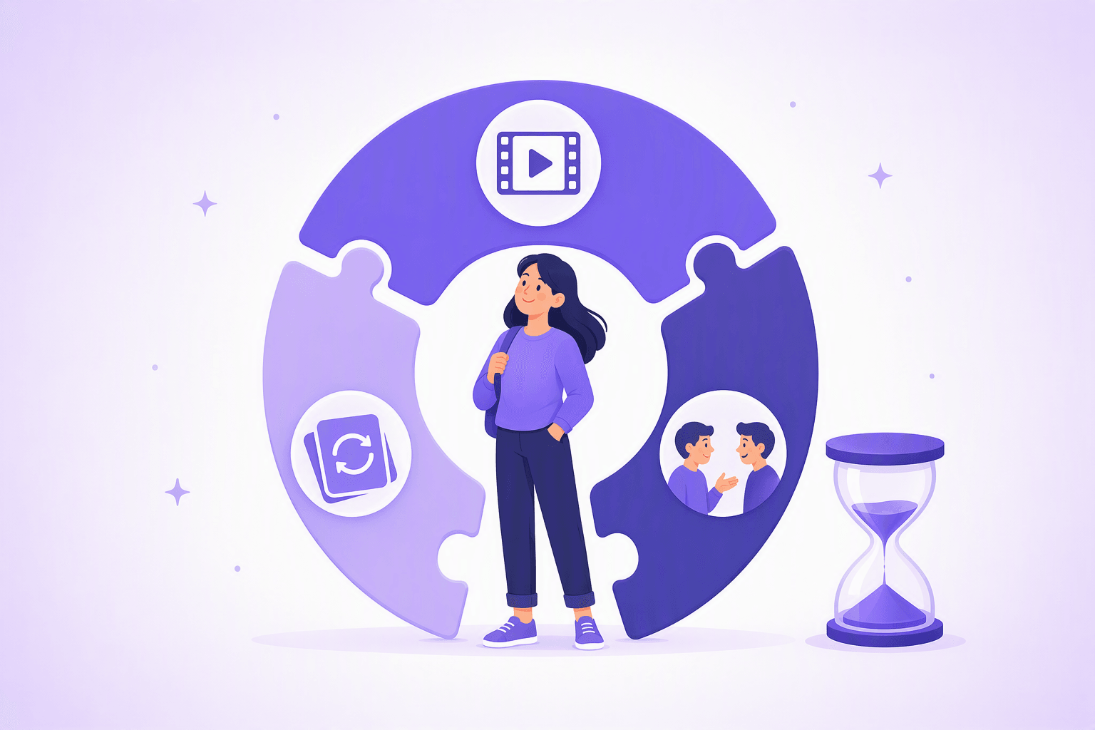 Three interlocking puzzle pieces forming a ring around a smiling learner, each piece carrying one job of a learning stack: a film frame with a play triangle for watching authentic video, a deck of flashcards with a circular repeat arrow for review, and two figures turned toward each other for conversation practice, with an hourglass standing beside the ring to show that time is the real constraint