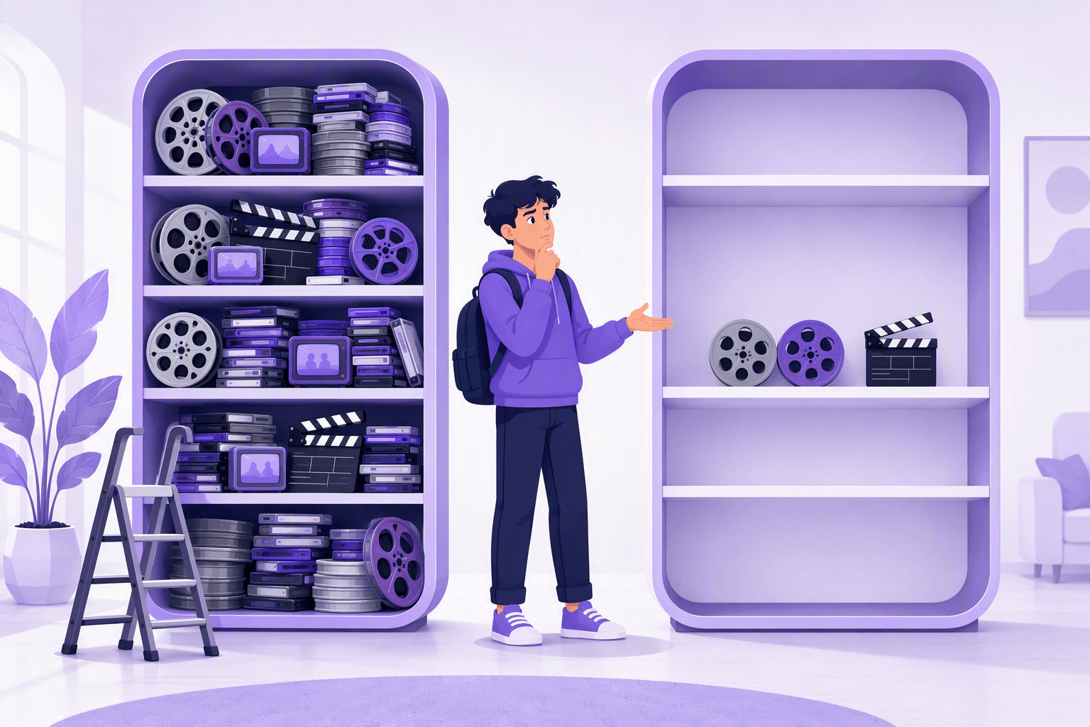 Two shelf units side by side: the left one is packed on every level with film reels, clapperboards and stacked media cases with a stepladder leaning against it, the right one holds only two film reels and a clapperboard on a single level with wide empty space around them, while a learner with a backpack stands between them, hand on chin, gesturing at the nearly empty shelf