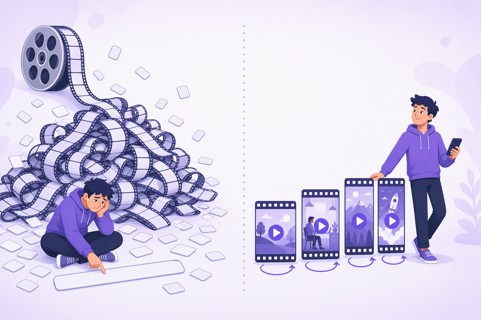 A split illustration: on the left an enormous film strip unspools from a reel into a tangled heap while a tired learner sits on the floor holding their head, one finger on a long blank subtitle bar surrounded by scattered blank word tiles; on the right the same film is cut into four short scene cards with play buttons and small repeat arrows, and a relaxed learner stands beside them holding a phone