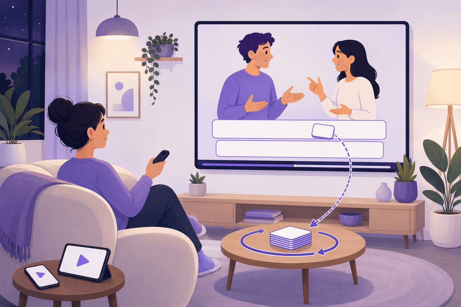A learner sits on a sofa with a remote and watches a wall-mounted television where two people talk face to face, two blank subtitle bars run under the picture, a small blank word tile lifts out of the upper bar and follows a curved arrow to a stack of blank review cards on the coffee table, with a phone and a tablet showing play buttons on the side table