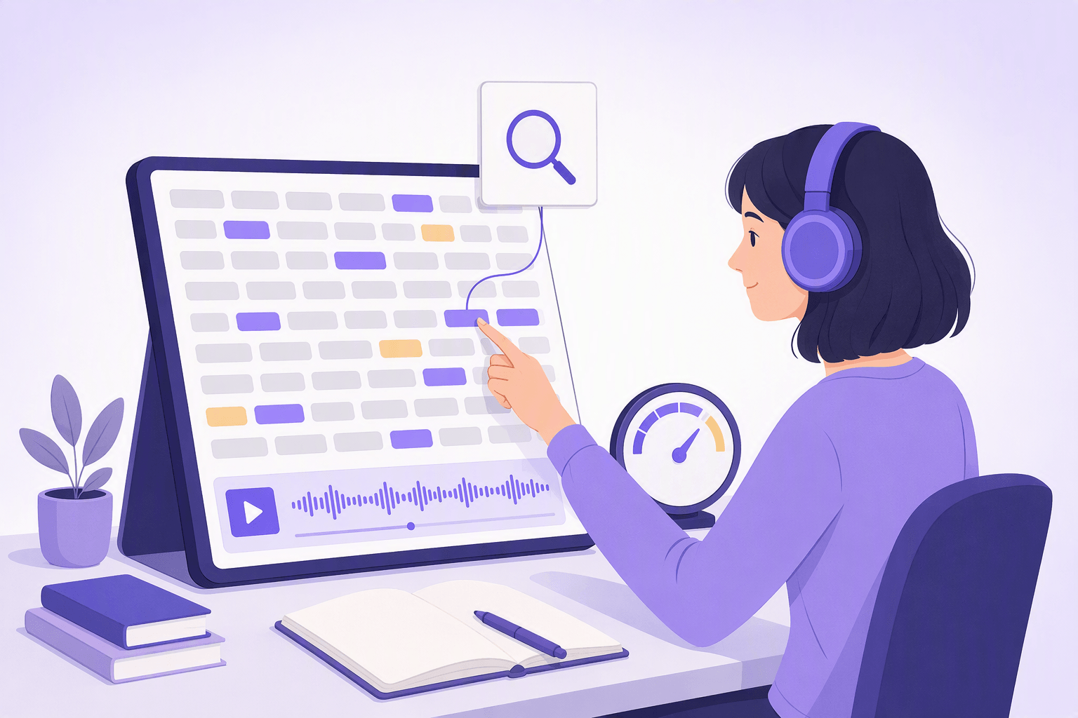 A learner in headphones sits at a desk touching one tinted block on a large upright reading panel, where rows of small blank blocks stand in for words and some are shaded indigo and gold while the rest stay grey, an audio waveform with a play button runs along the bottom of the panel, a small card with a magnifying glass floats above the touched block on a thin curved line, and a round gauge with a rising needle sits beside the panel