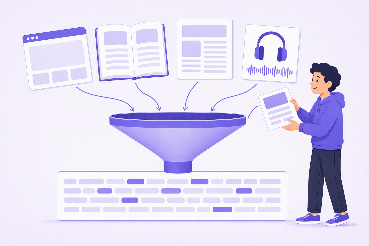 Four source objects arranged in an arc, a browser window, an open book, a folded news sheet, and a headphone resting on an audio waveform, each linked by a curved arrow into one wide funnel, whose spout pours into a single long reading panel filled with rows of small blank blocks with a few tinted indigo, while a learner at the right tilts one more source tile toward the funnel opening