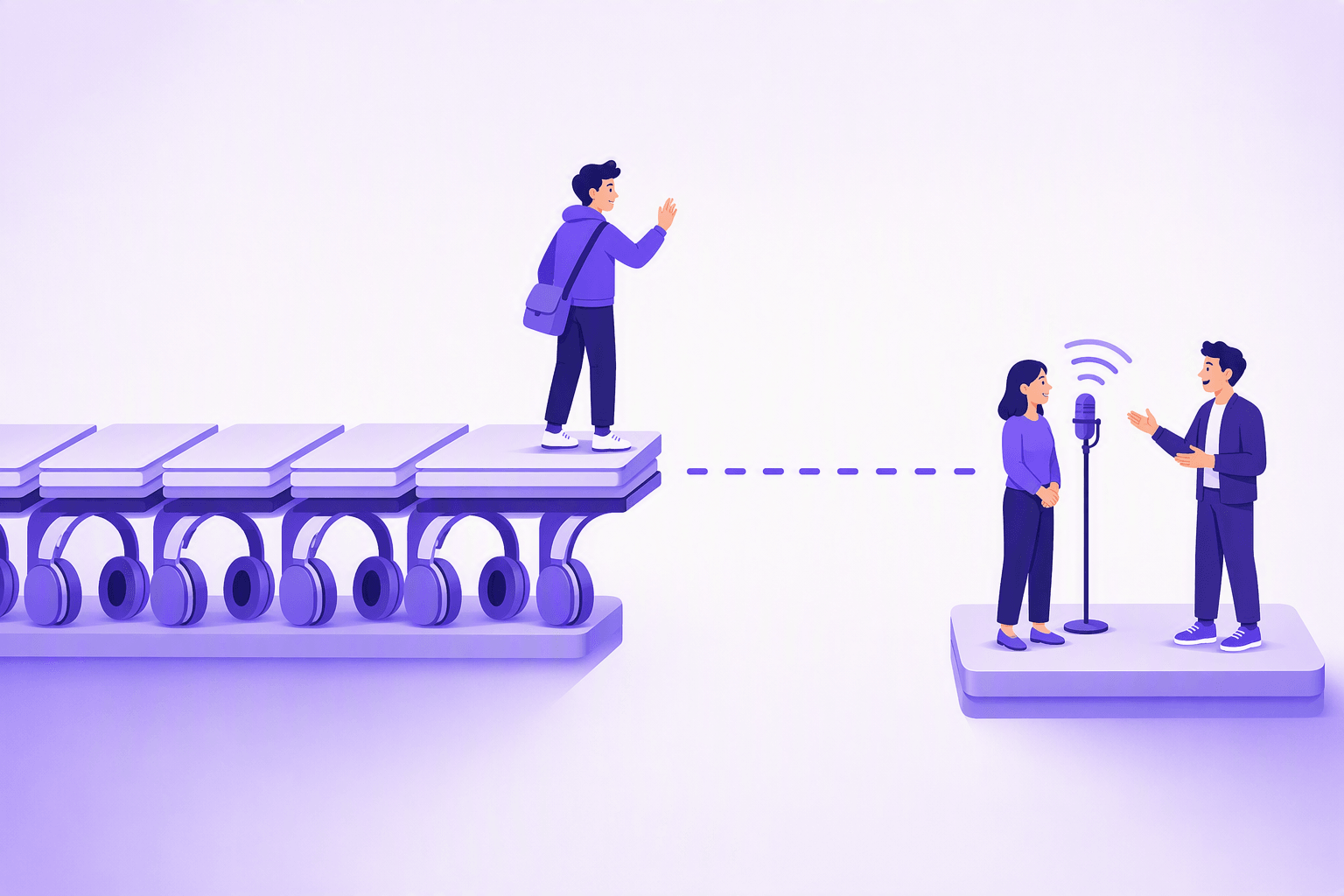 A raised walkway built from stacked flat reading panels resting on rows of headphones runs in from the left and stops at a broken edge, a learner with a shoulder bag stands at that edge with one hand raised looking across an open gap traced by a dashed line, and on a separate platform on the far side a standing microphone with sound waves sits between two figures turned toward each other, one gesturing with open hands