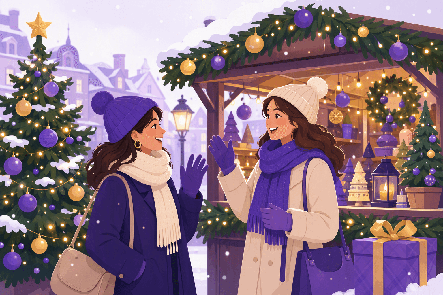 Two friends in winter coats waving and wishing each other a merry Christmas at a snowy French Christmas market stall