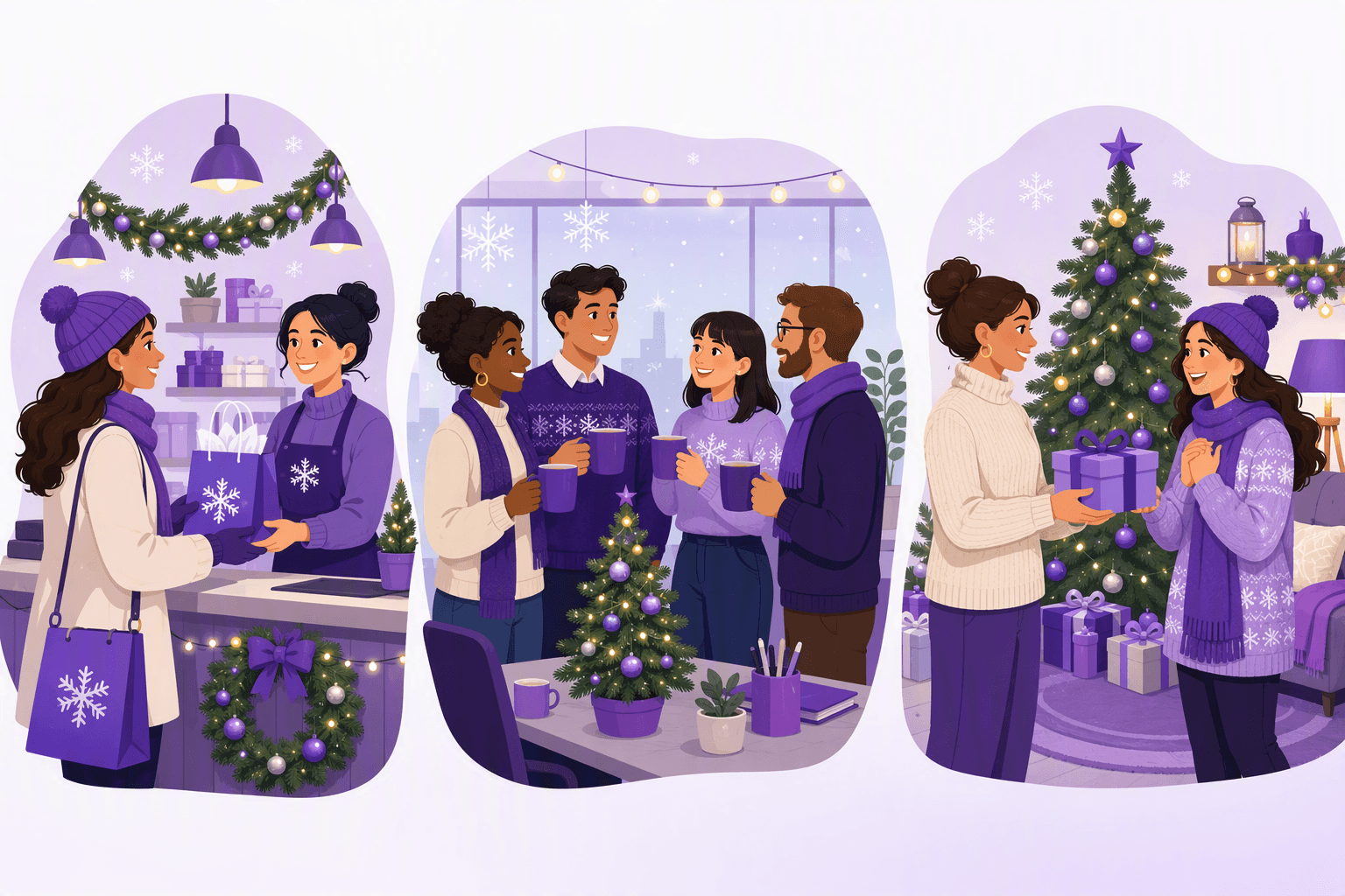 Three holiday scenes side by side: a shopper greeting a cashier, coworkers toasting with mugs in a decorated office, and a friend handing over a wrapped gift at home